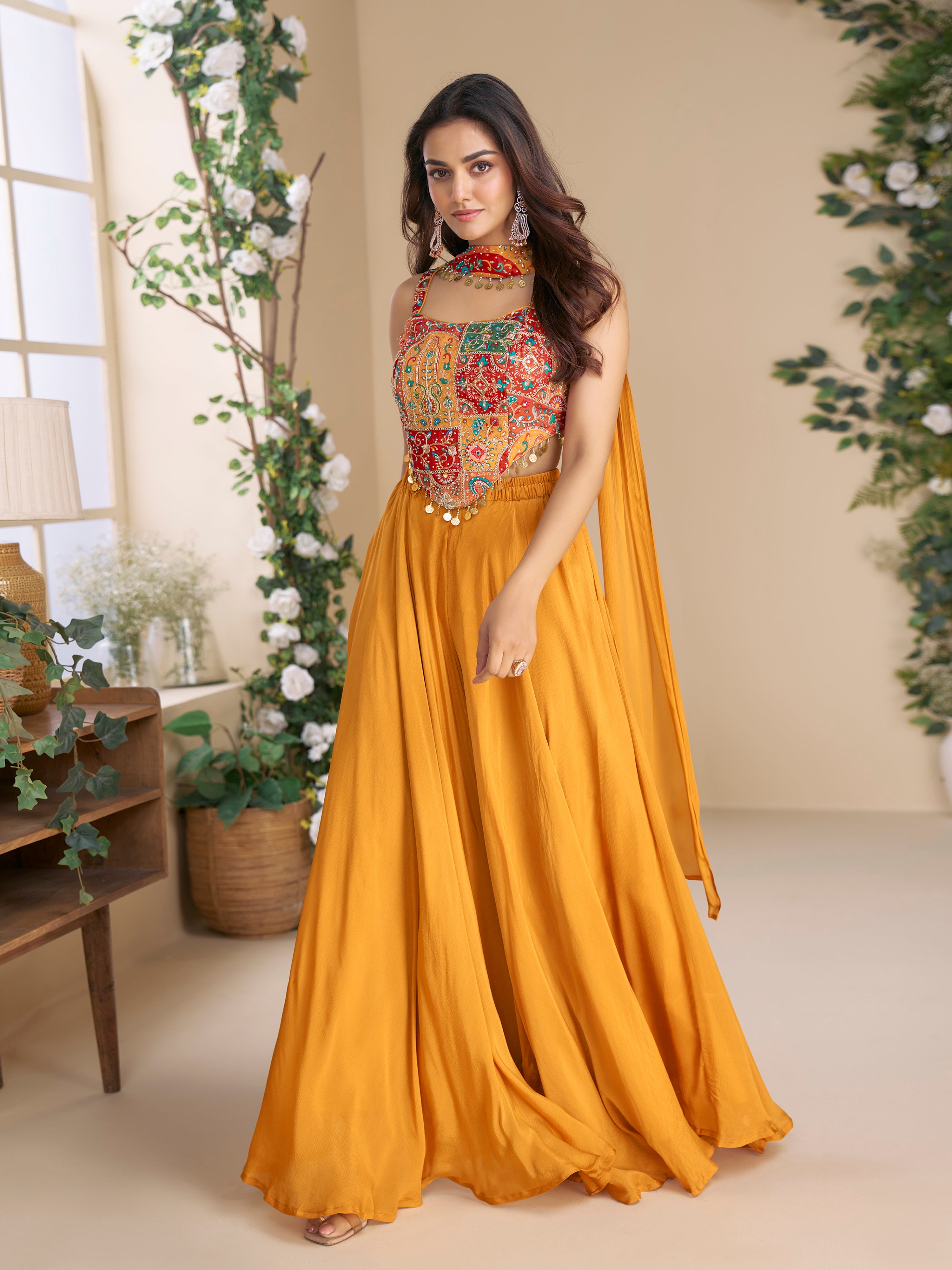 Art Silk Embroidery Sequence Work Crop Top with Flared Palazzo and Dupatta Set Ethnic Salwar Set