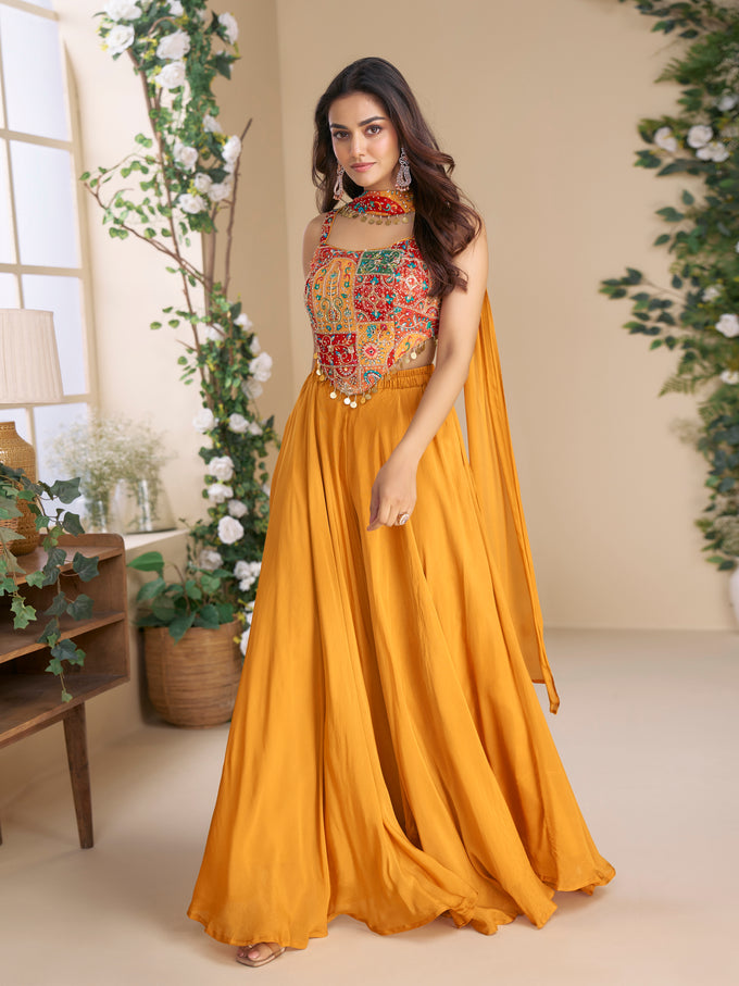Art Silk Embroidery Sequence Work Crop Top with Flared Palazzo and Dupatta Set Ethnic Salwar Set