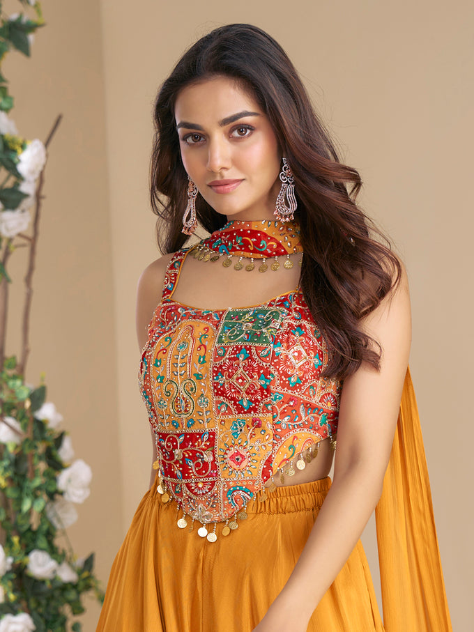 Art Silk Embroidery Sequence Work Crop Top with Flared Palazzo and Dupatta Set Ethnic Salwar Set