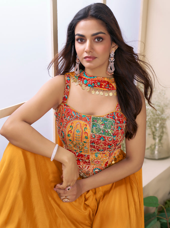 Art Silk Embroidery Sequence Work Crop Top with Flared Palazzo and Dupatta Set Ethnic Salwar Set