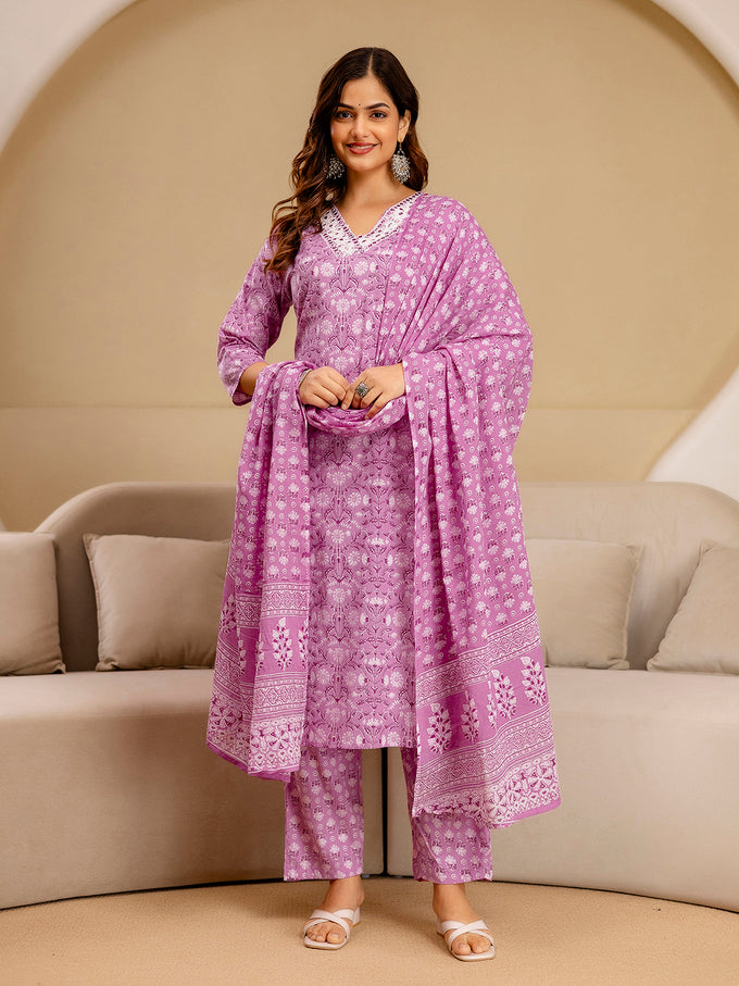 Light Pink Pure Cotton Embroidery Abstark  Print Kurta Pant with Dupatta Set