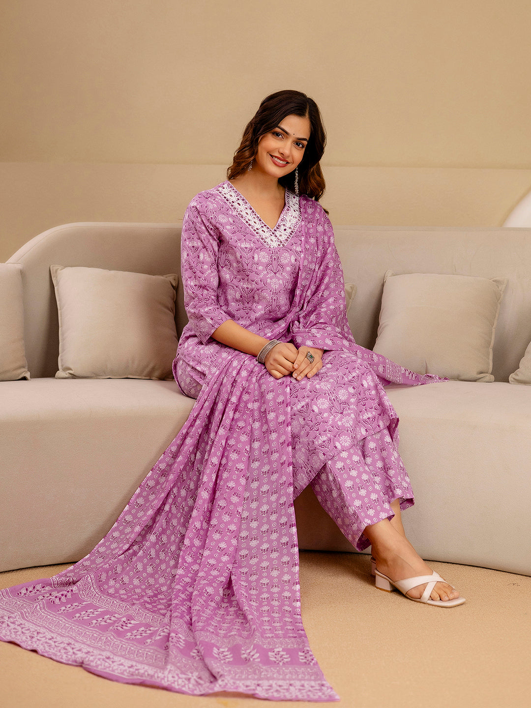 Light Pink Pure Cotton Embroidery Abstark  Print Kurta Pant with Dupatta Set