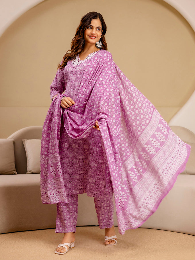 Light Pink Pure Cotton Embroidery Abstark  Print Kurta Pant with Dupatta Set