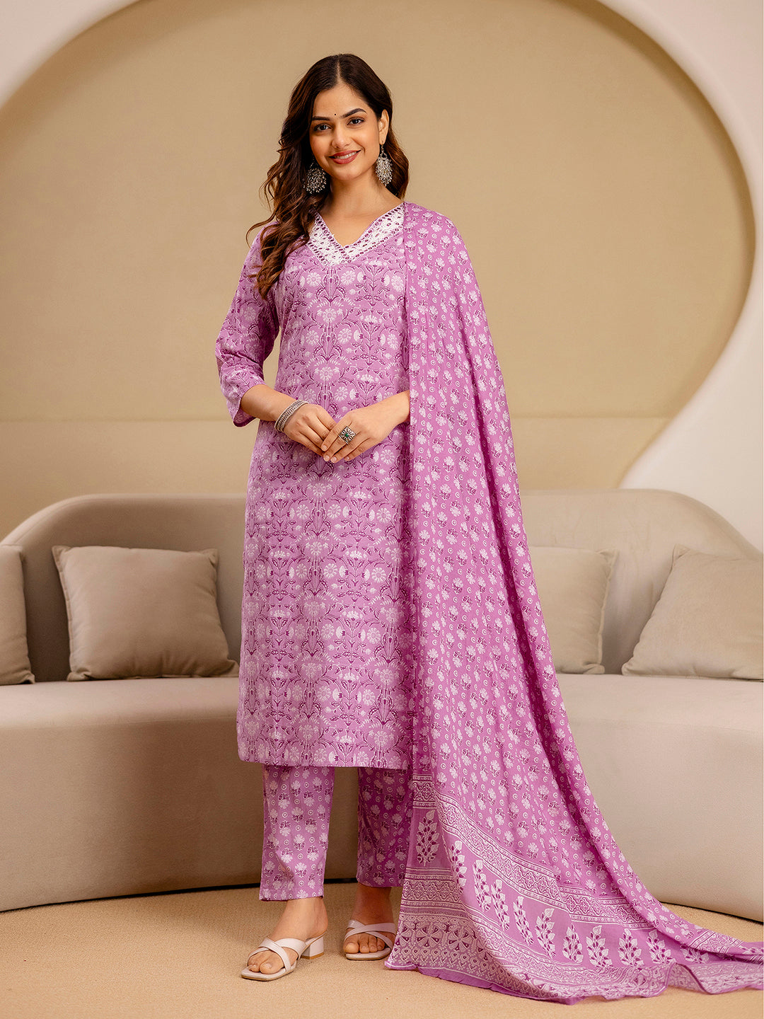 Light Pink Pure Cotton Embroidery Abstark  Print Kurta Pant with Dupatta Set