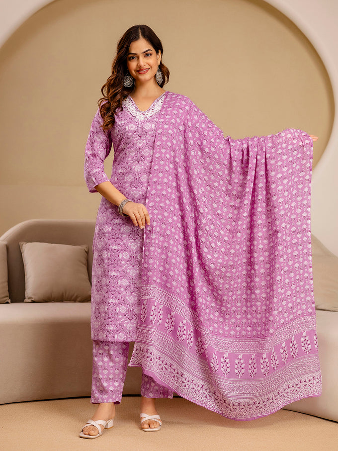 Light Pink Pure Cotton Embroidery Abstark  Print Kurta Pant with Dupatta Set