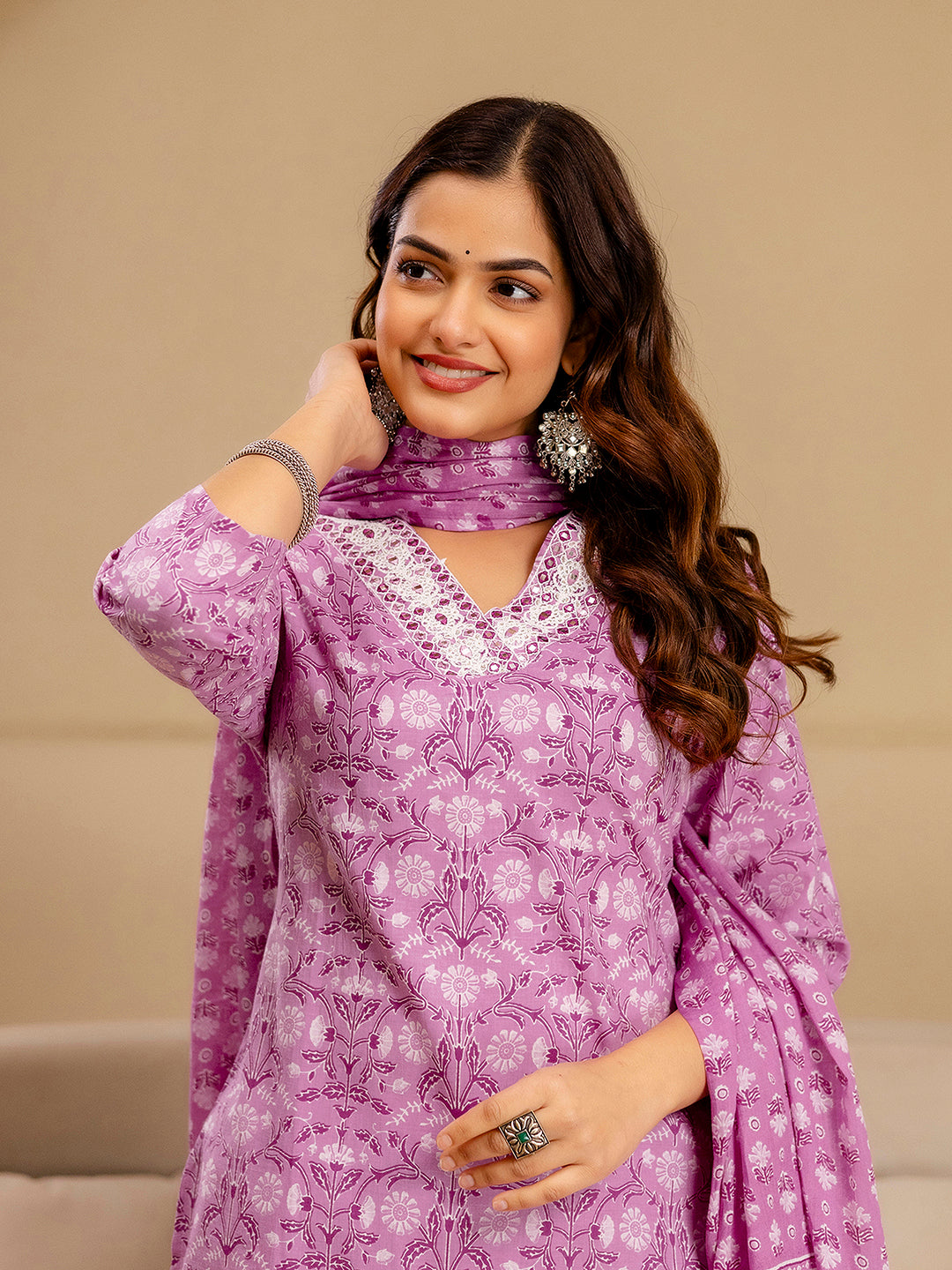 Light Pink Pure Cotton Embroidery Abstark  Print Kurta Pant with Dupatta Set