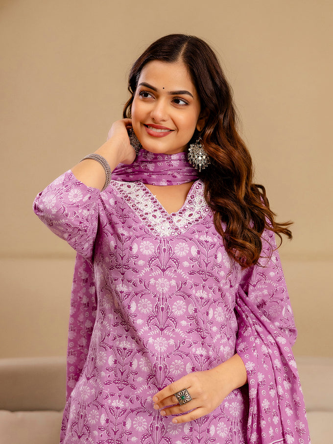 Light Pink Pure Cotton Embroidery Abstark  Print Kurta Pant with Dupatta Set