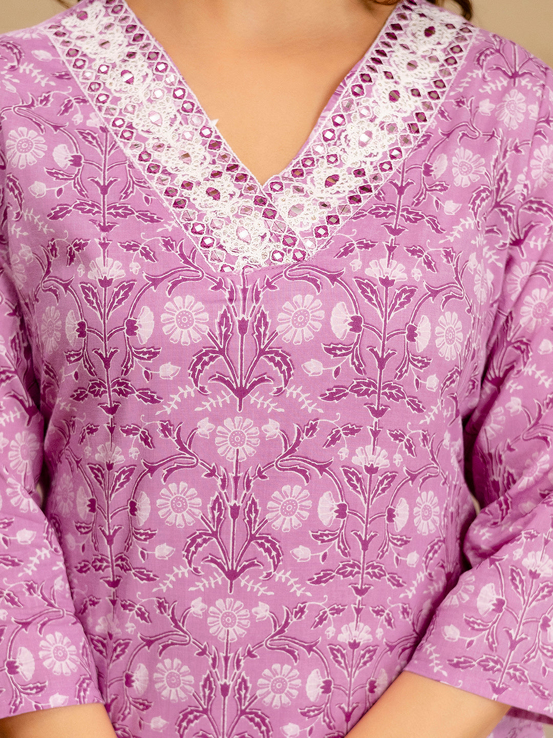Light Pink Pure Cotton Embroidery Abstark  Print Kurta Pant with Dupatta Set