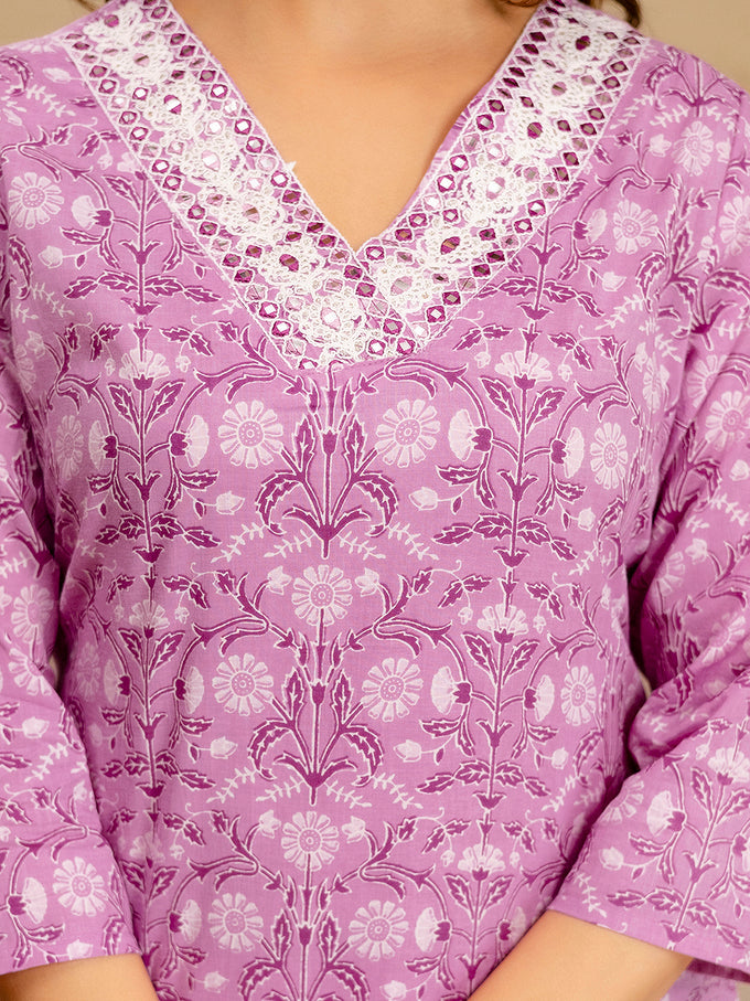 Light Pink Pure Cotton Embroidery Abstark  Print Kurta Pant with Dupatta Set