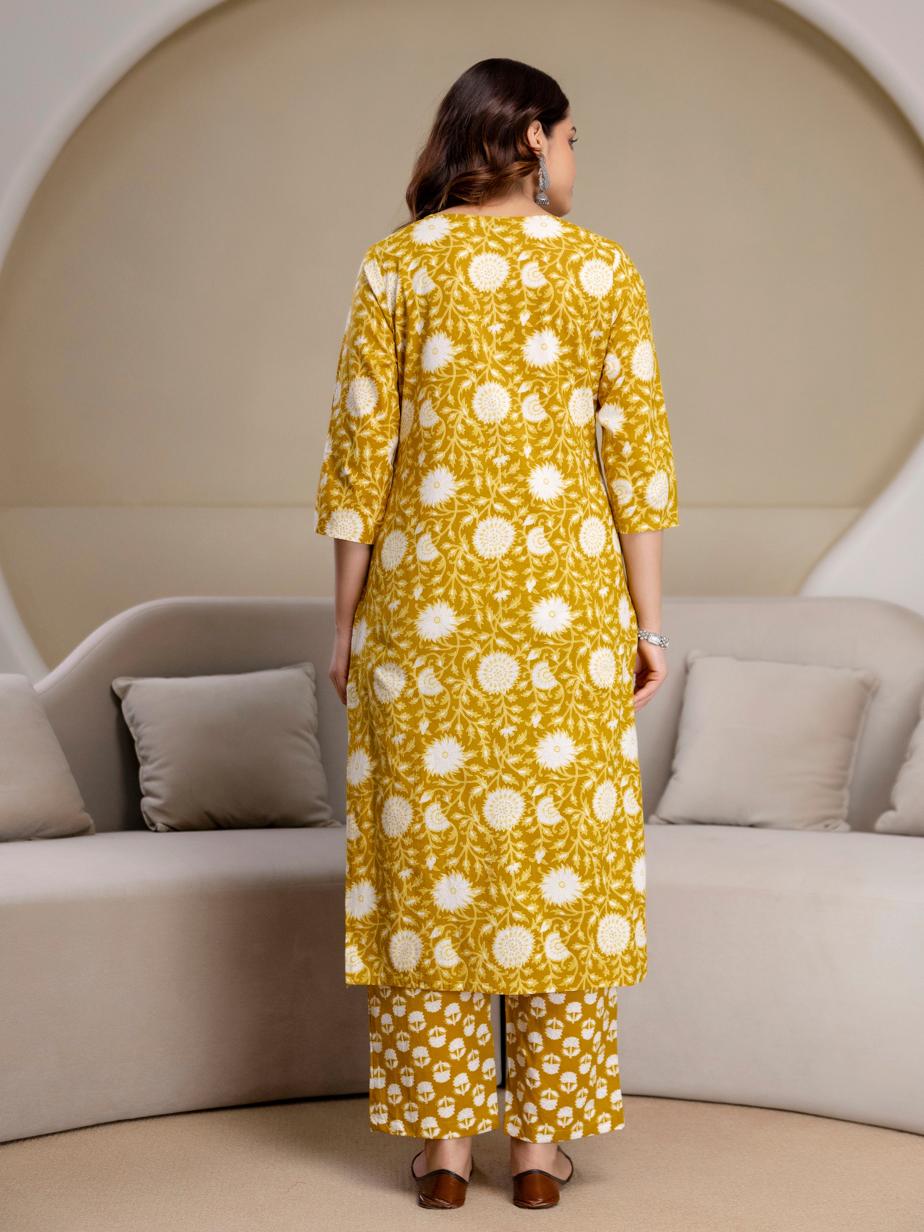 Yellow Pure Cotton Floral Jaal Print Kurta Pant with Dupatta Set