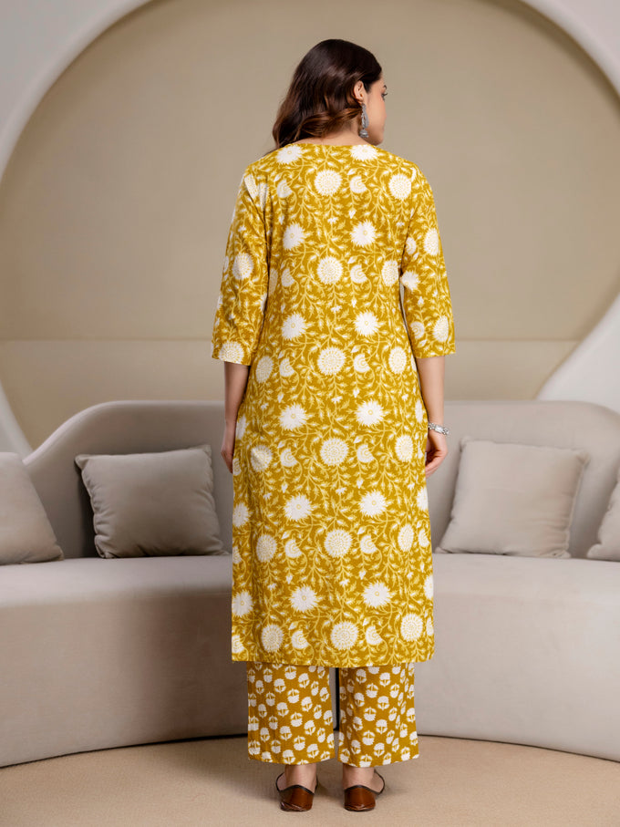 Yellow Pure Cotton Floral Jaal Print Kurta Pant with Dupatta Set