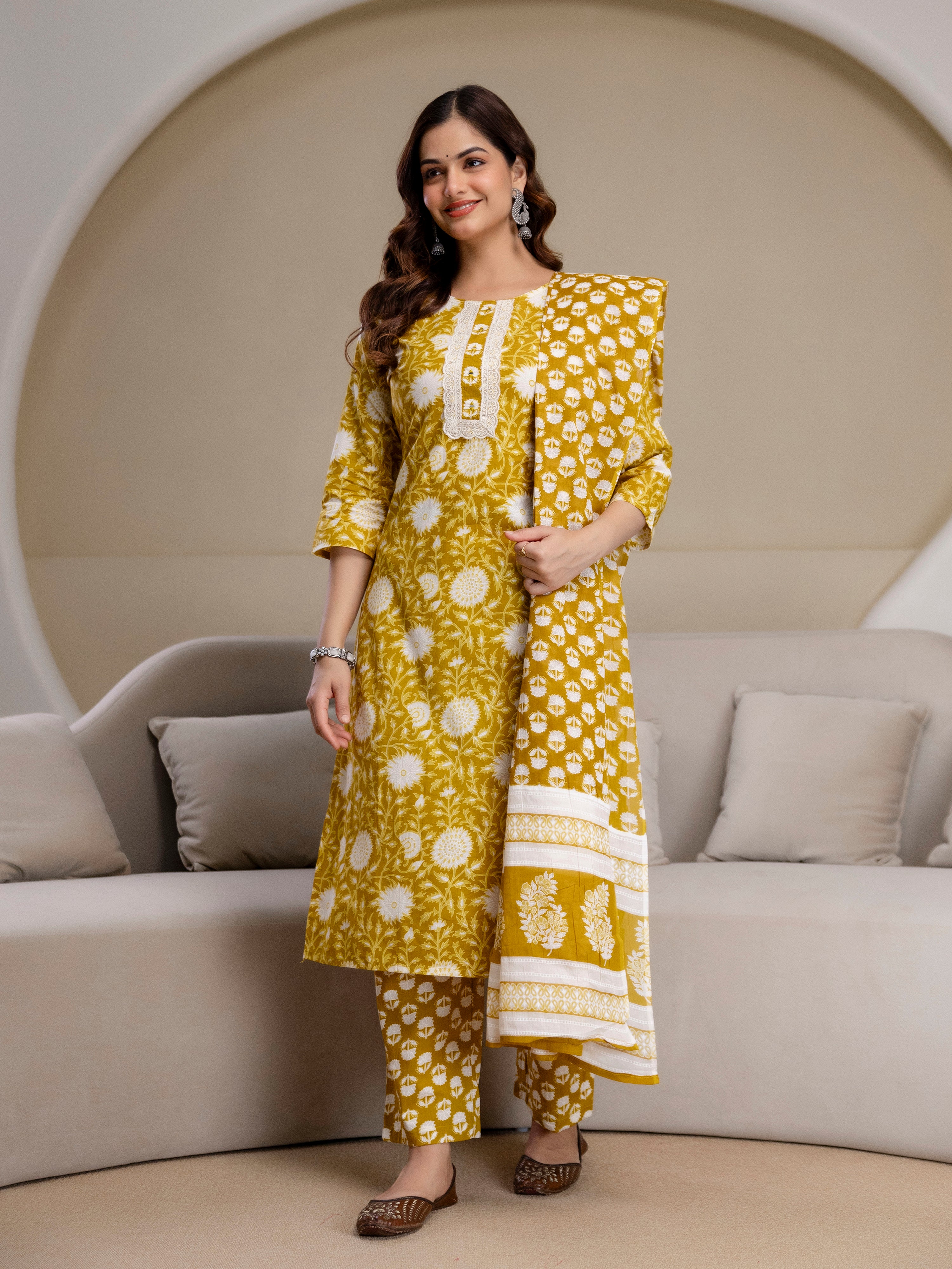 Yellow Pure Cotton Floral Jaal Print Kurta Pant with Dupatta Set