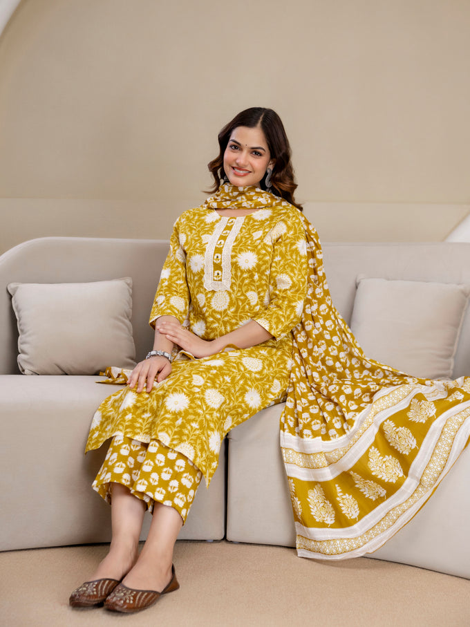 Yellow Pure Cotton Floral Jaal Print Kurta Pant with Dupatta Set