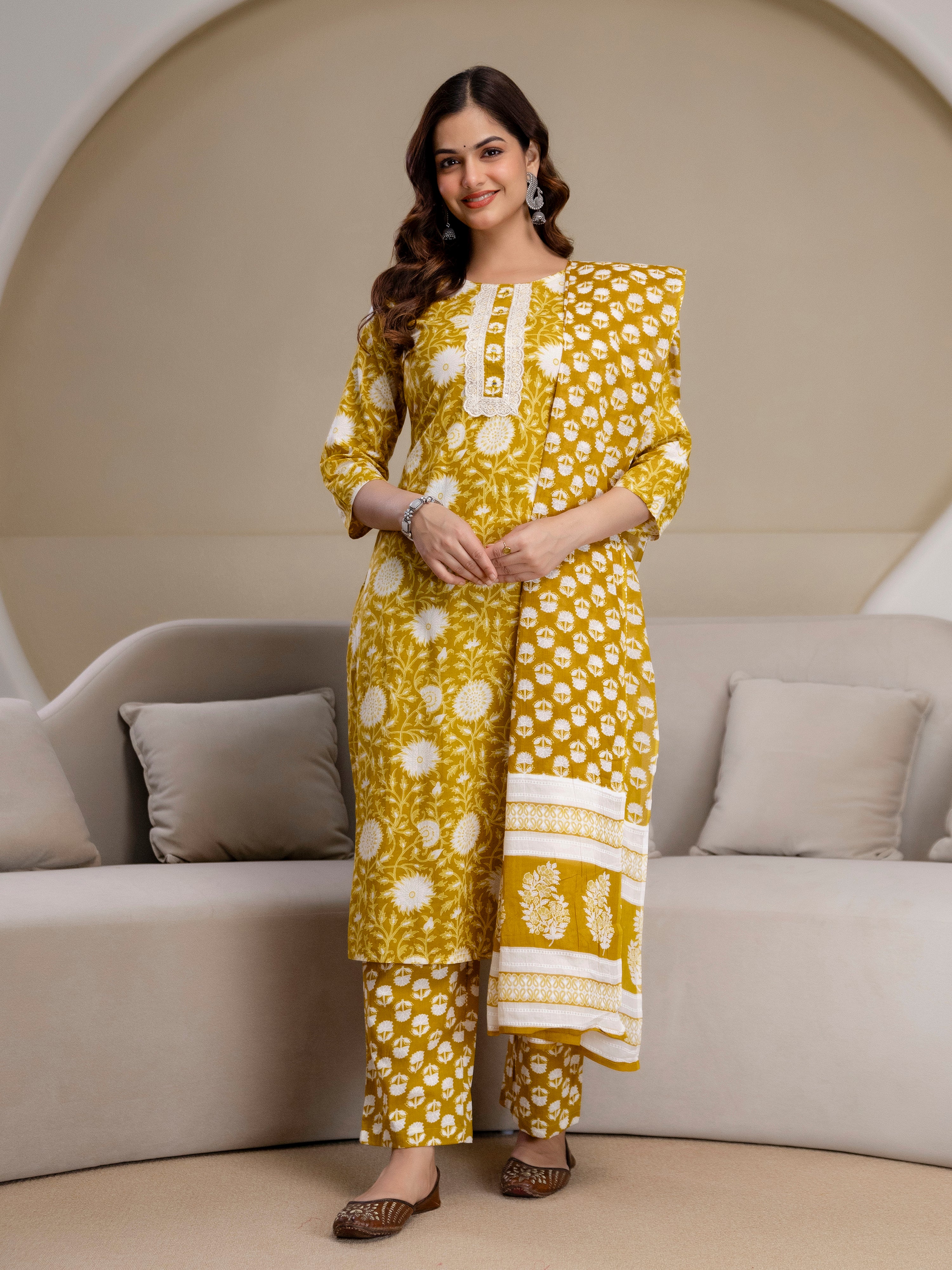 Yellow Pure Cotton Floral Jaal Print Kurta Pant with Dupatta Set