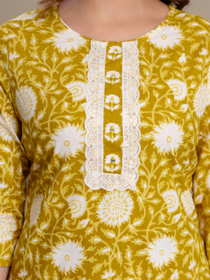 Yellow Pure Cotton Floral Jaal Print Kurta Pant with Dupatta Set