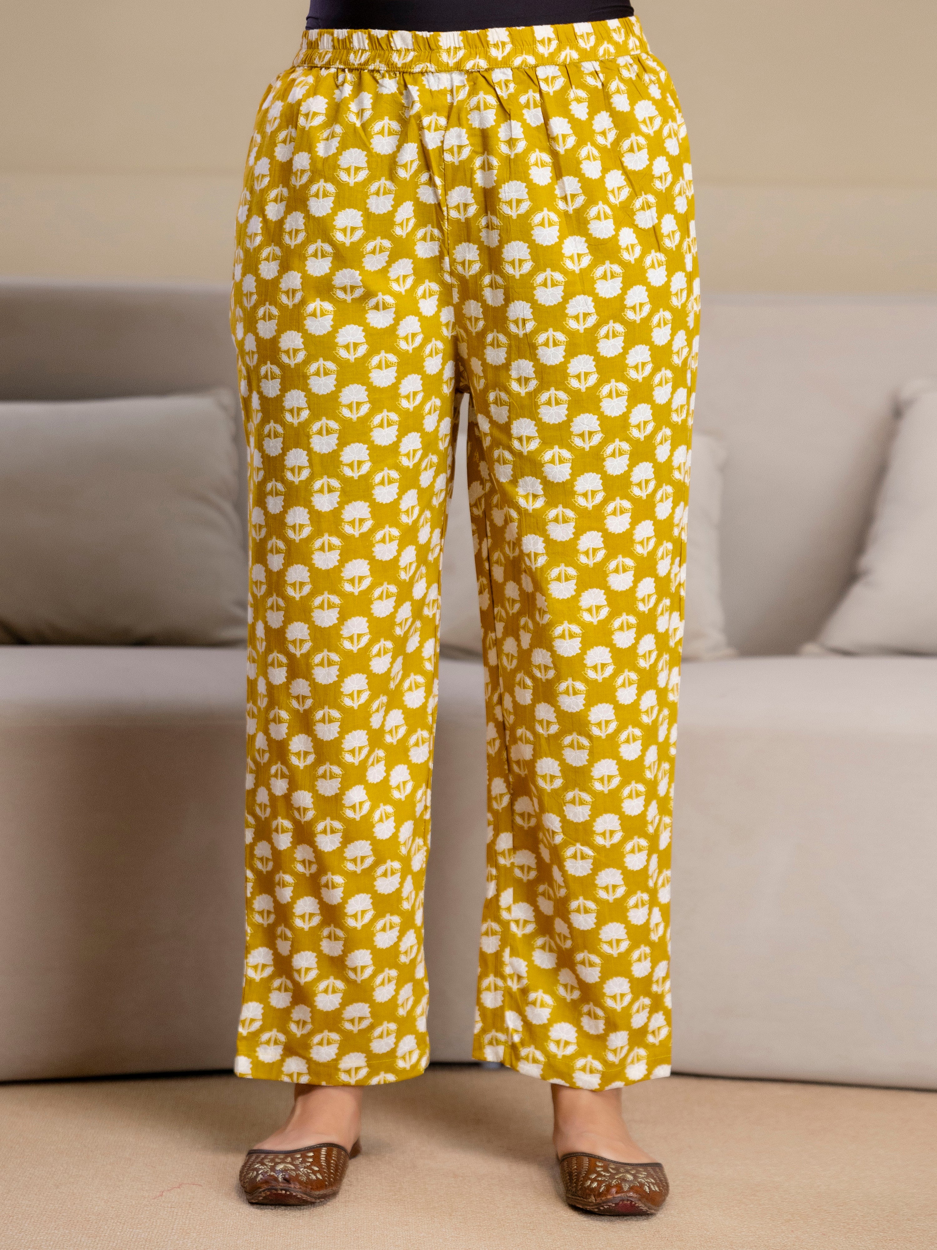 Yellow Pure Cotton Floral Jaal Print Kurta Pant with Dupatta Set