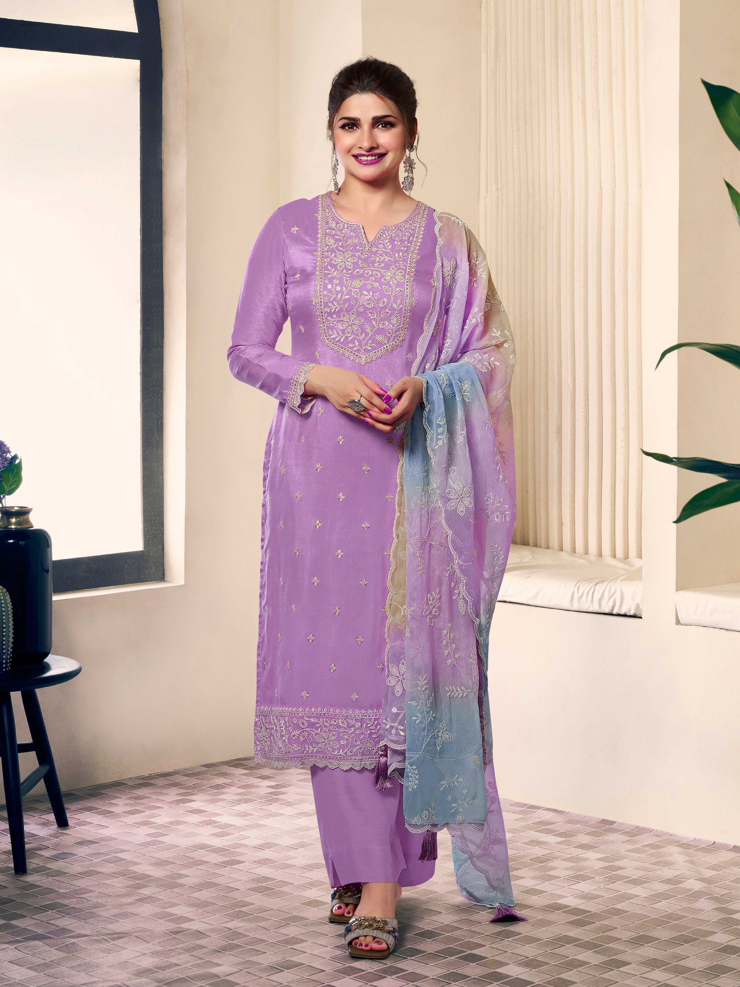 Light Purple Cotton Silk Embroidery Sequence Work Salwar Suit Dupatta