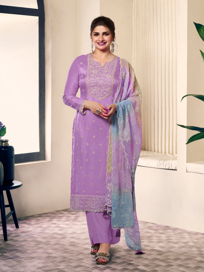 Light Purple Cotton Silk Embroidery Sequence Work Salwar Suit Dupatta