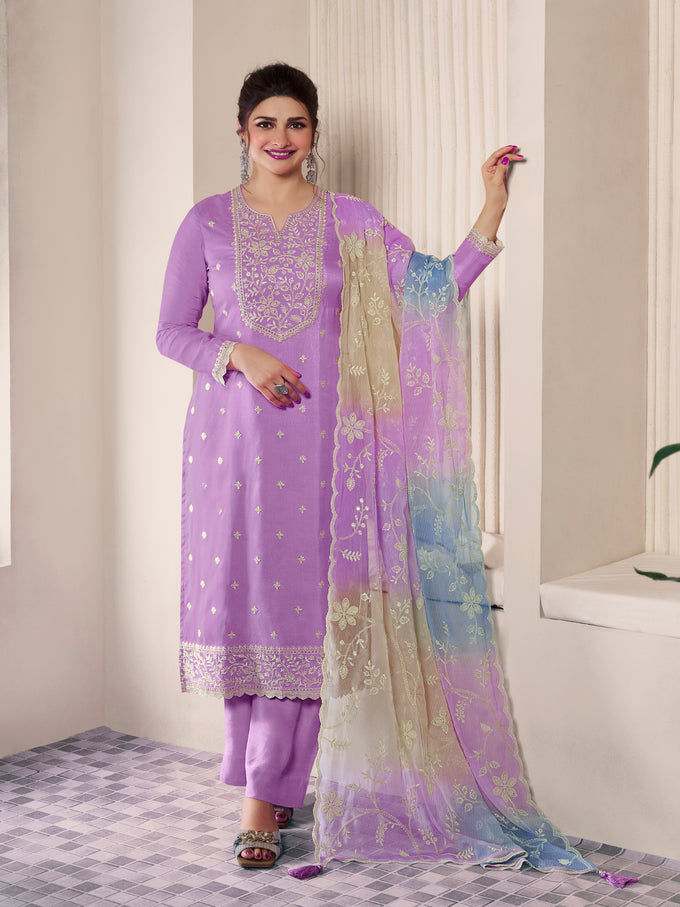 Light Purple Cotton Silk Embroidery Sequence Work Salwar Suit Dupatta