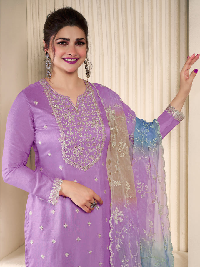 Light Purple Cotton Silk Embroidery Sequence Work Salwar Suit Dupatta