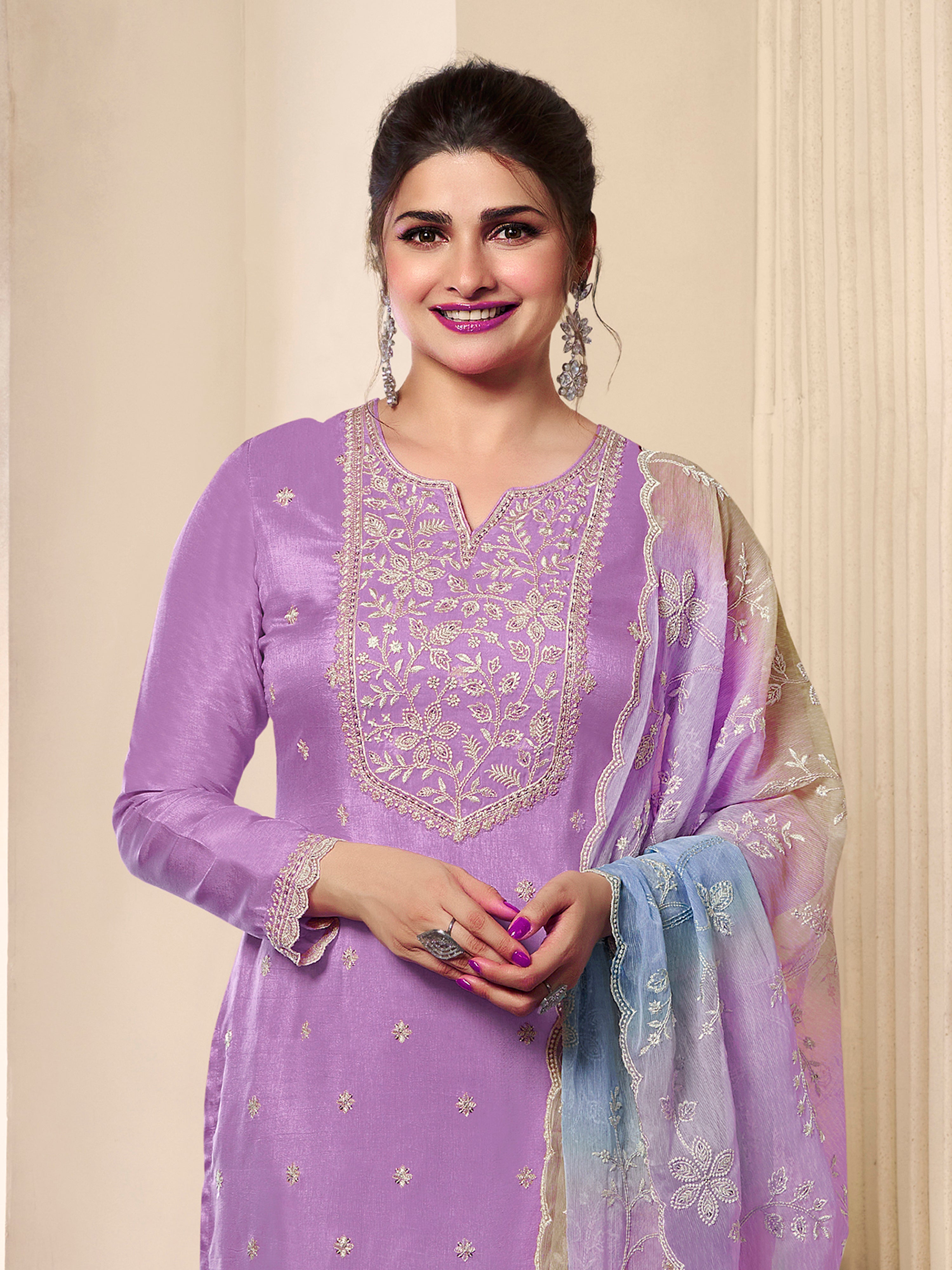 Light Purple Cotton Silk Embroidery Sequence Work Salwar Suit Dupatta