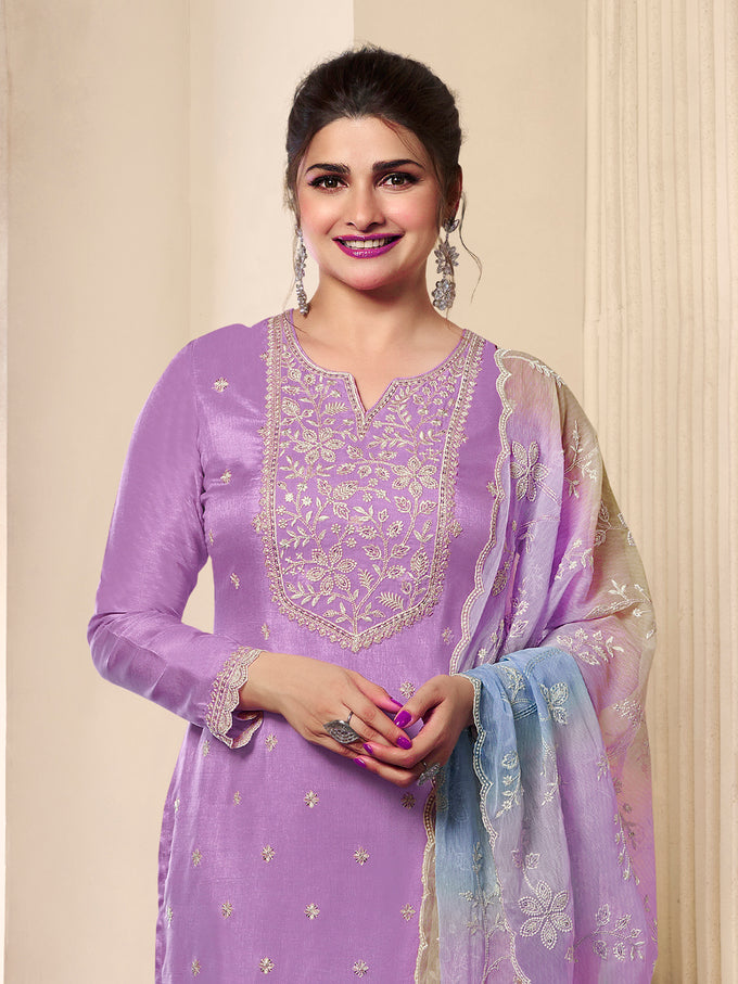 Light Purple Cotton Silk Embroidery Sequence Work Salwar Suit Dupatta