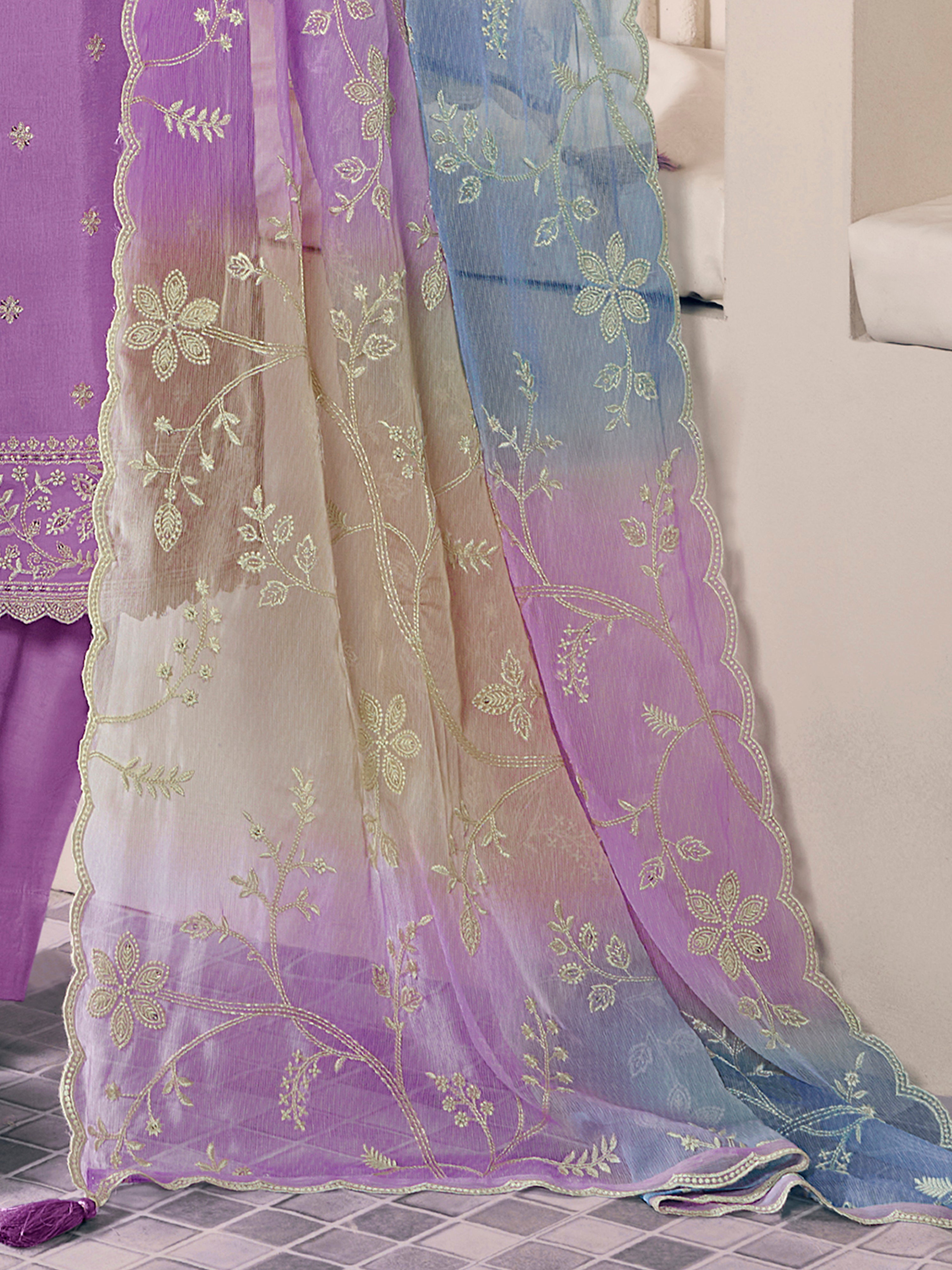 Light Purple Cotton Silk Embroidery Sequence Work Salwar Suit Dupatta