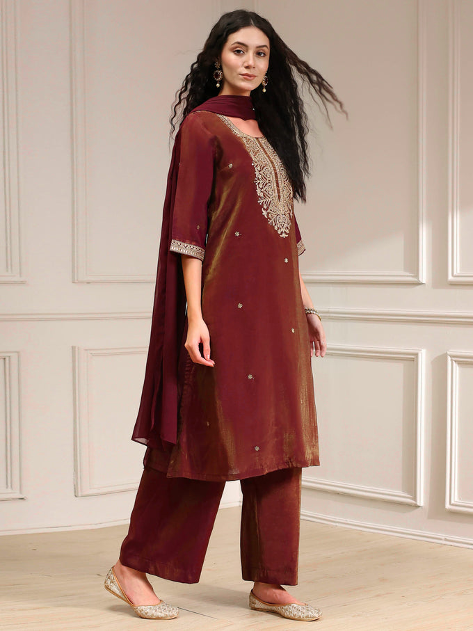 Maroon Art Silk Embroidery Work Salwar Suit  with Dupatta For Women