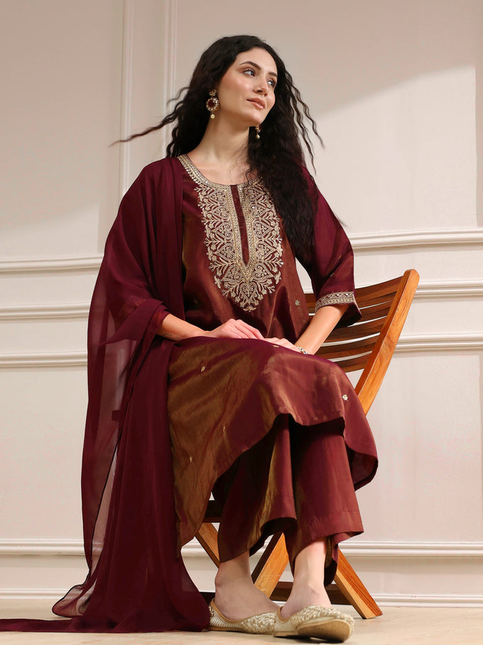 Maroon Art Silk Embroidery Work Salwar Suit  with Dupatta For Women