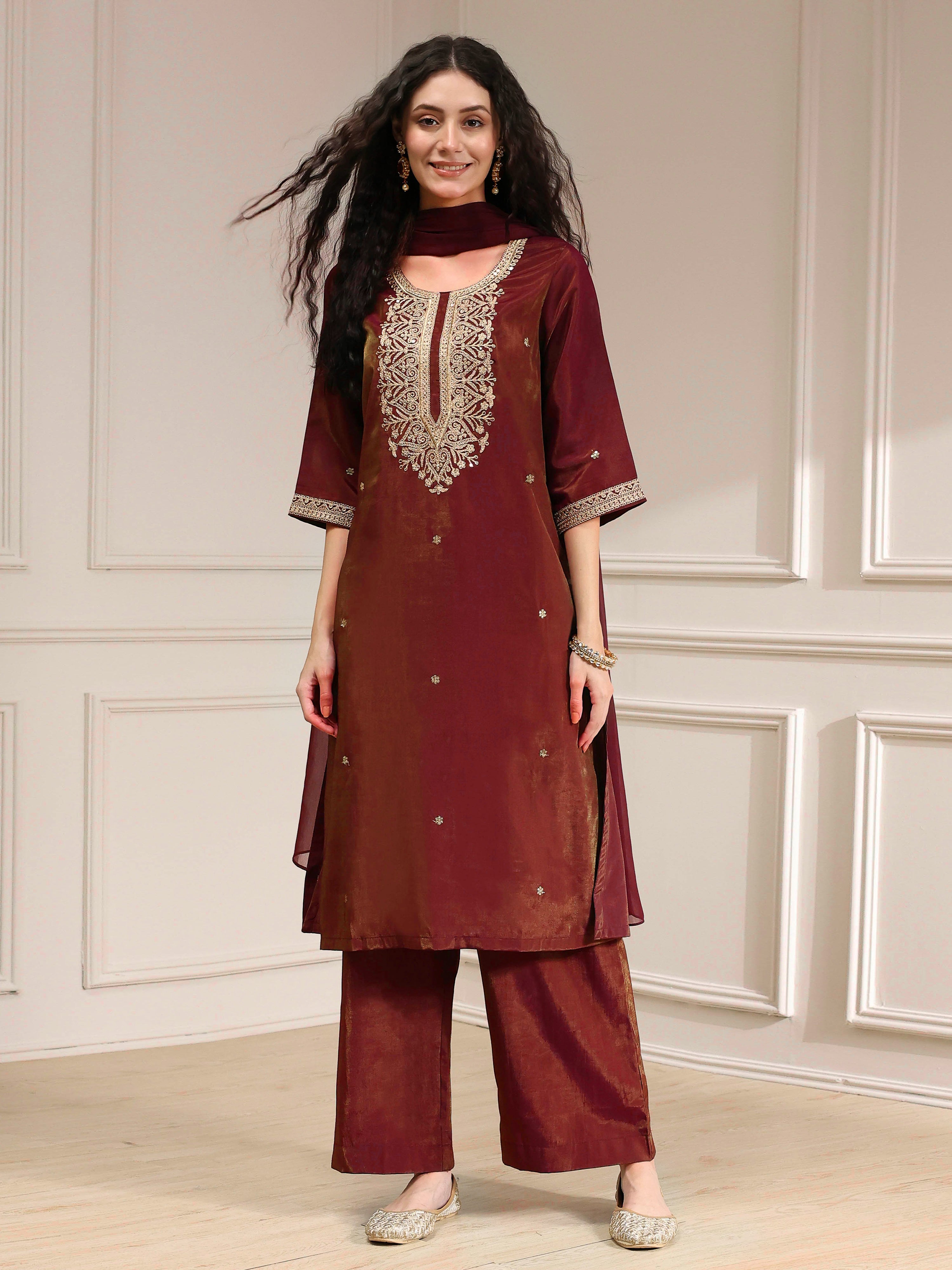 Maroon Art Silk Embroidery Work Salwar Suit  with Dupatta For Women