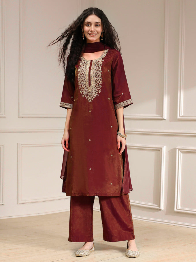 Maroon Art Silk Embroidery Work Salwar Suit  with Dupatta For Women