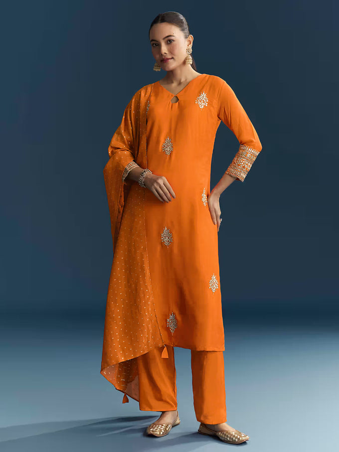 Orange Cotton Silk Embroidery Sequence Work Salwar Suit Dupatta Set