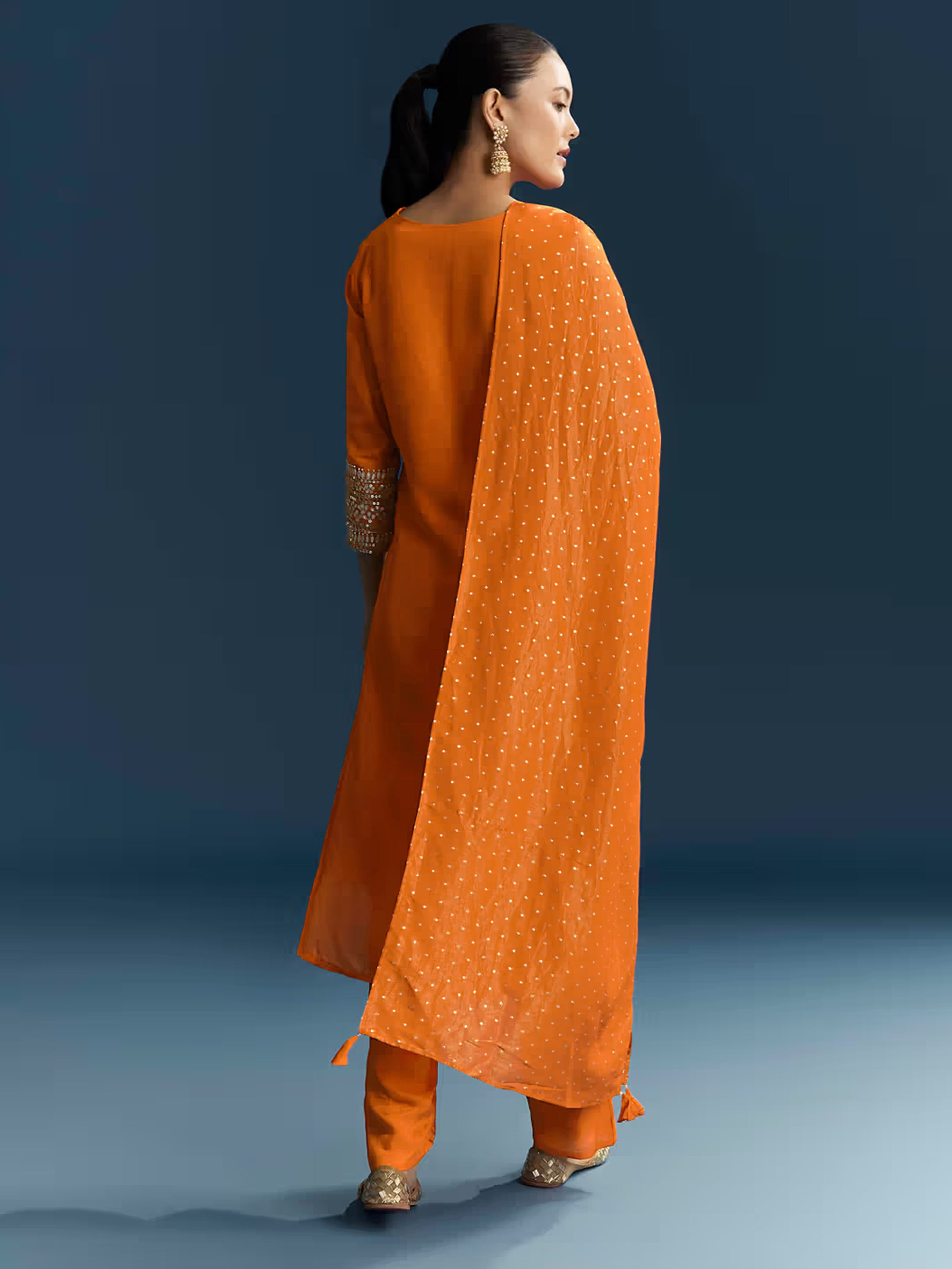 Orange Cotton Silk Embroidery Sequence Work Salwar Suit Dupatta Set