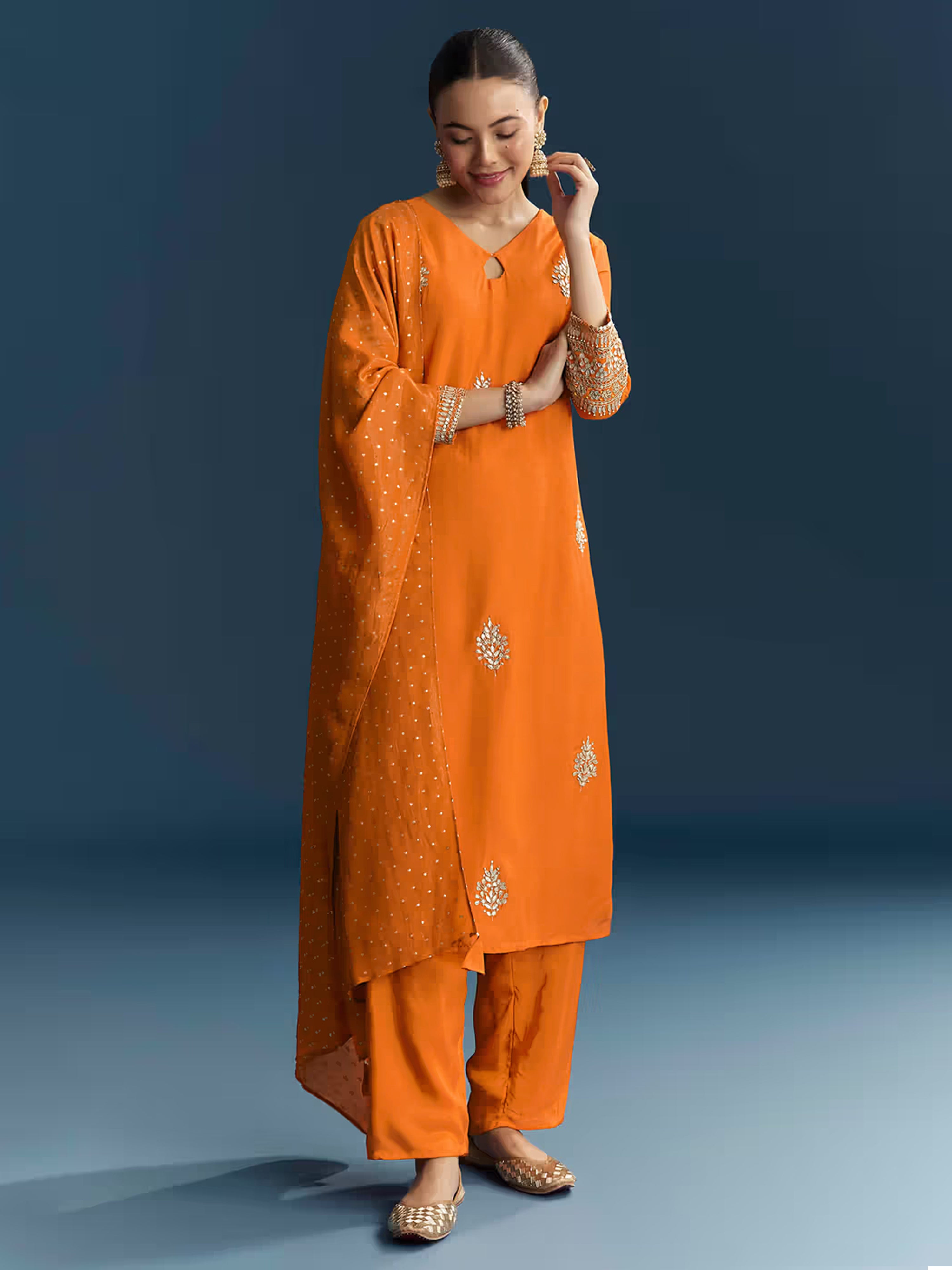Orange Cotton Silk Embroidery Sequence Work Salwar Suit Dupatta Set