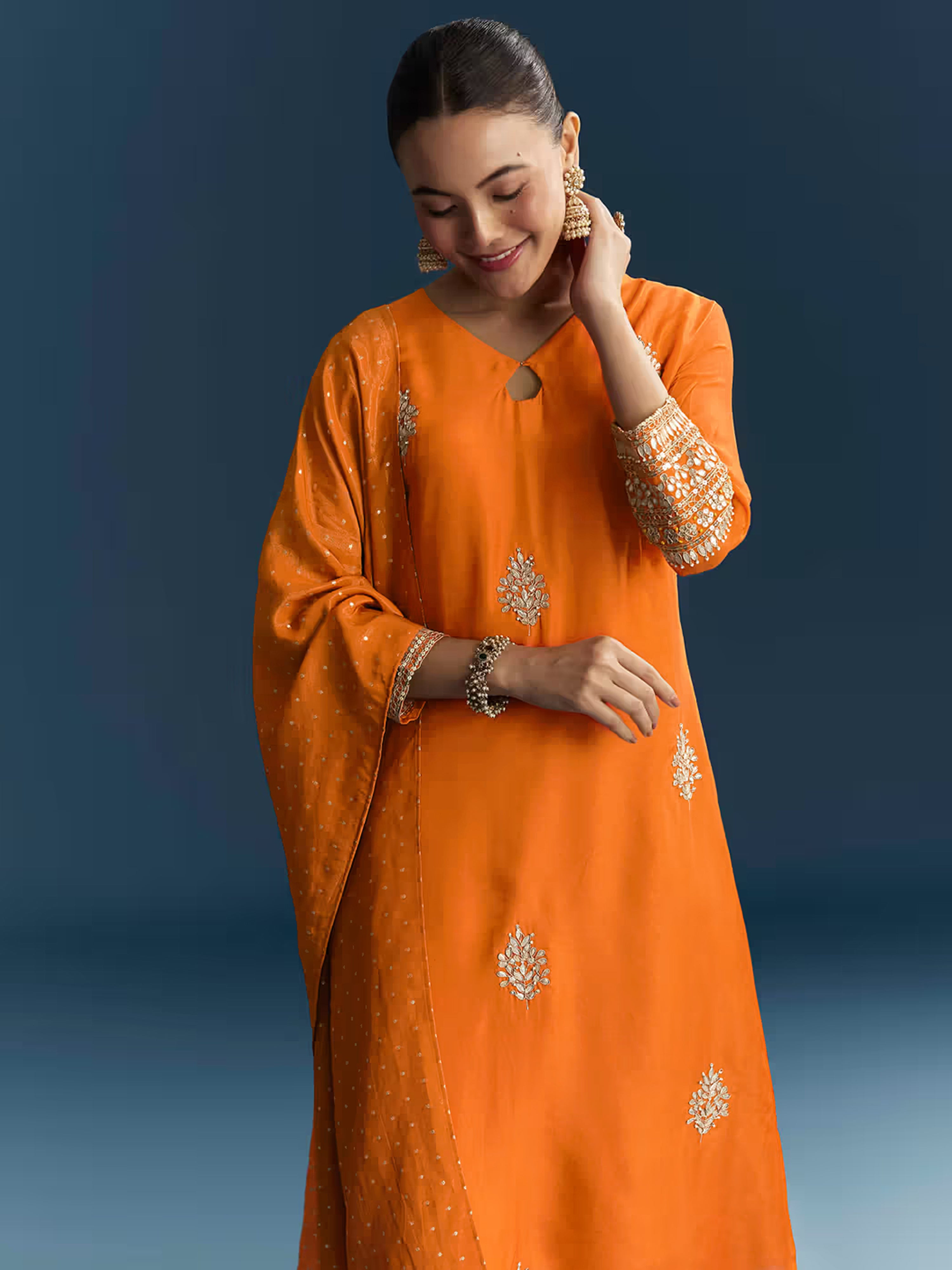 Orange Cotton Silk Embroidery Sequence Work Salwar Suit Dupatta Set