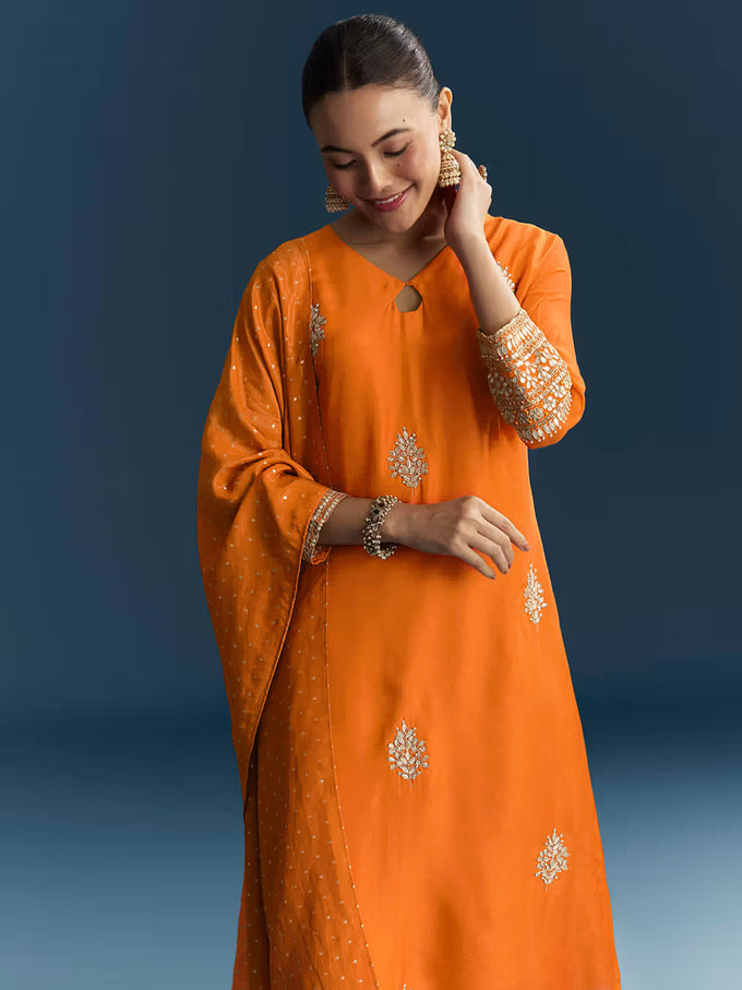 Orange Cotton Silk Embroidery Sequence Work Salwar Suit Dupatta Set