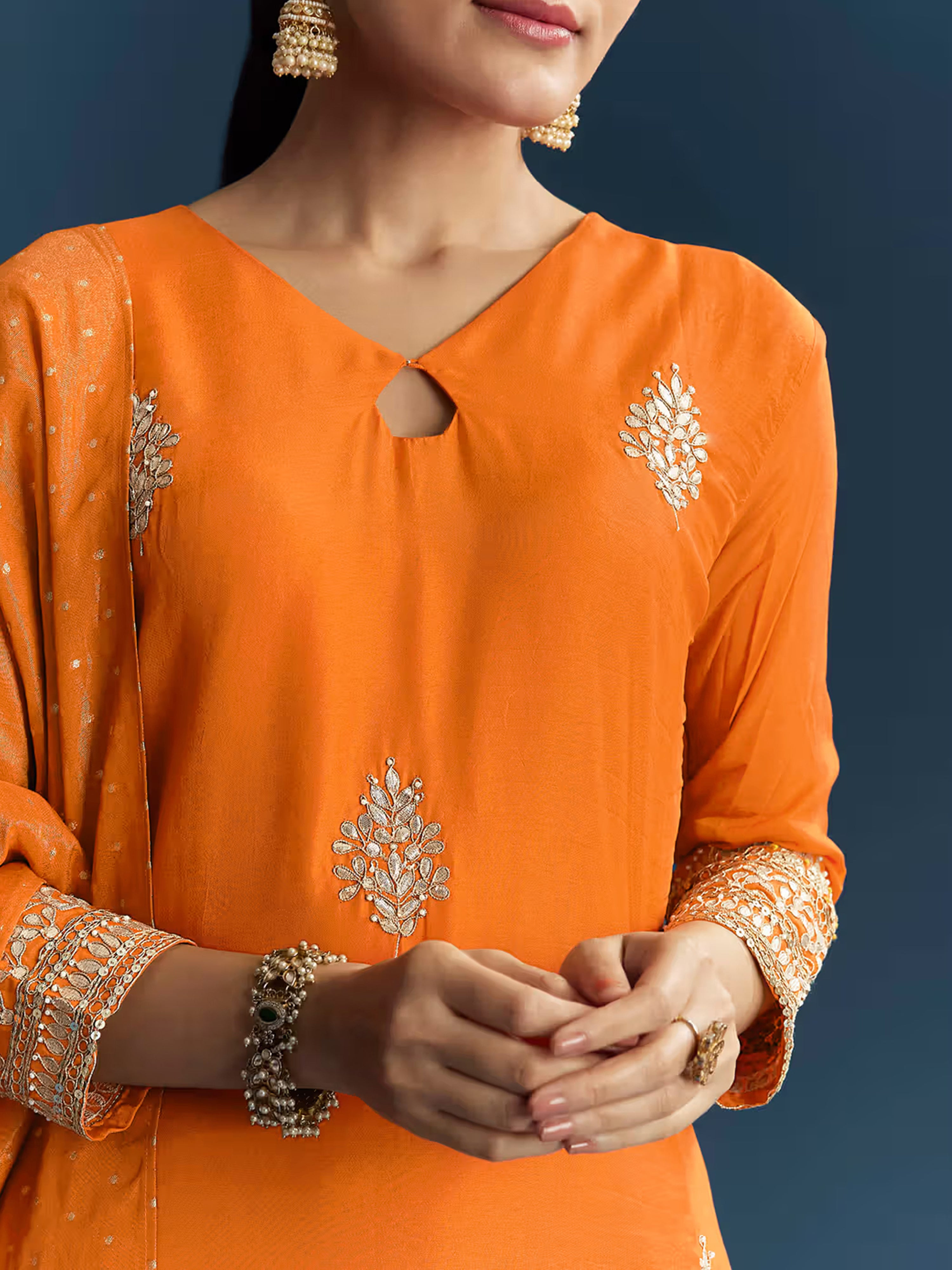 Orange Cotton Silk Embroidery Sequence Work Salwar Suit Dupatta Set