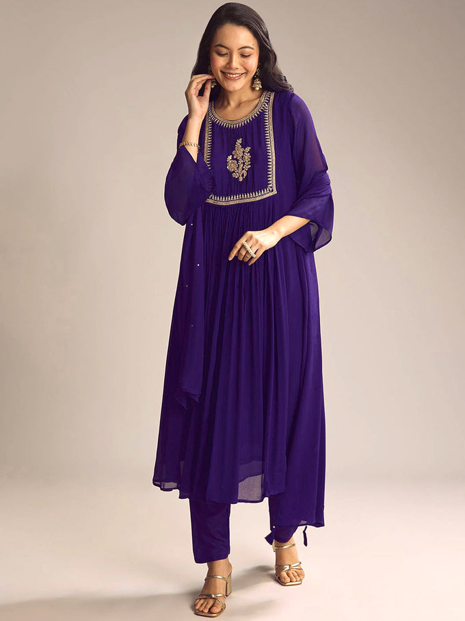 Purple Georgette Embroidery Work Kurta Pant Dupatta For Women