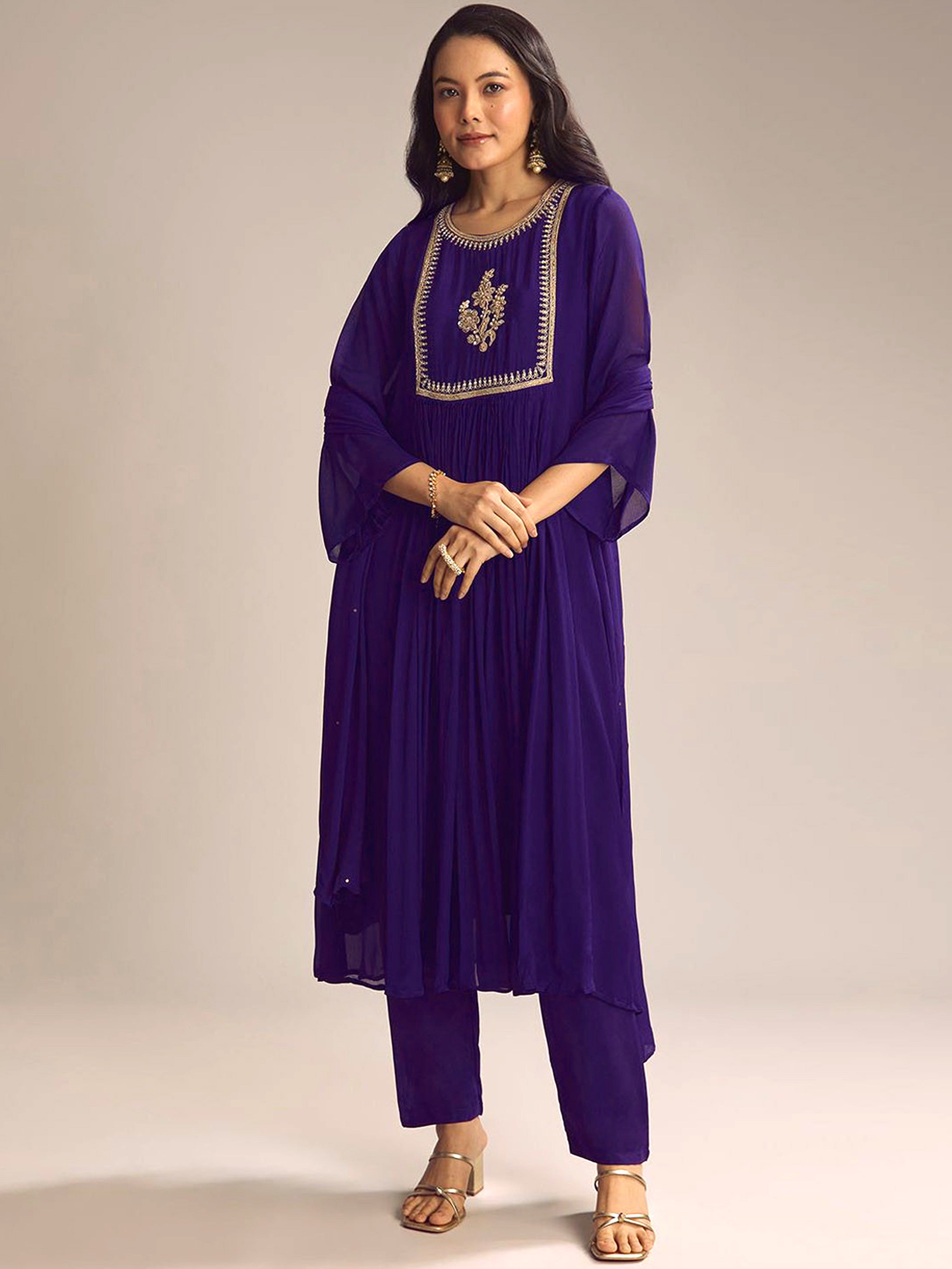 Purple Georgette Embroidery Work Kurta Pant Dupatta For Women