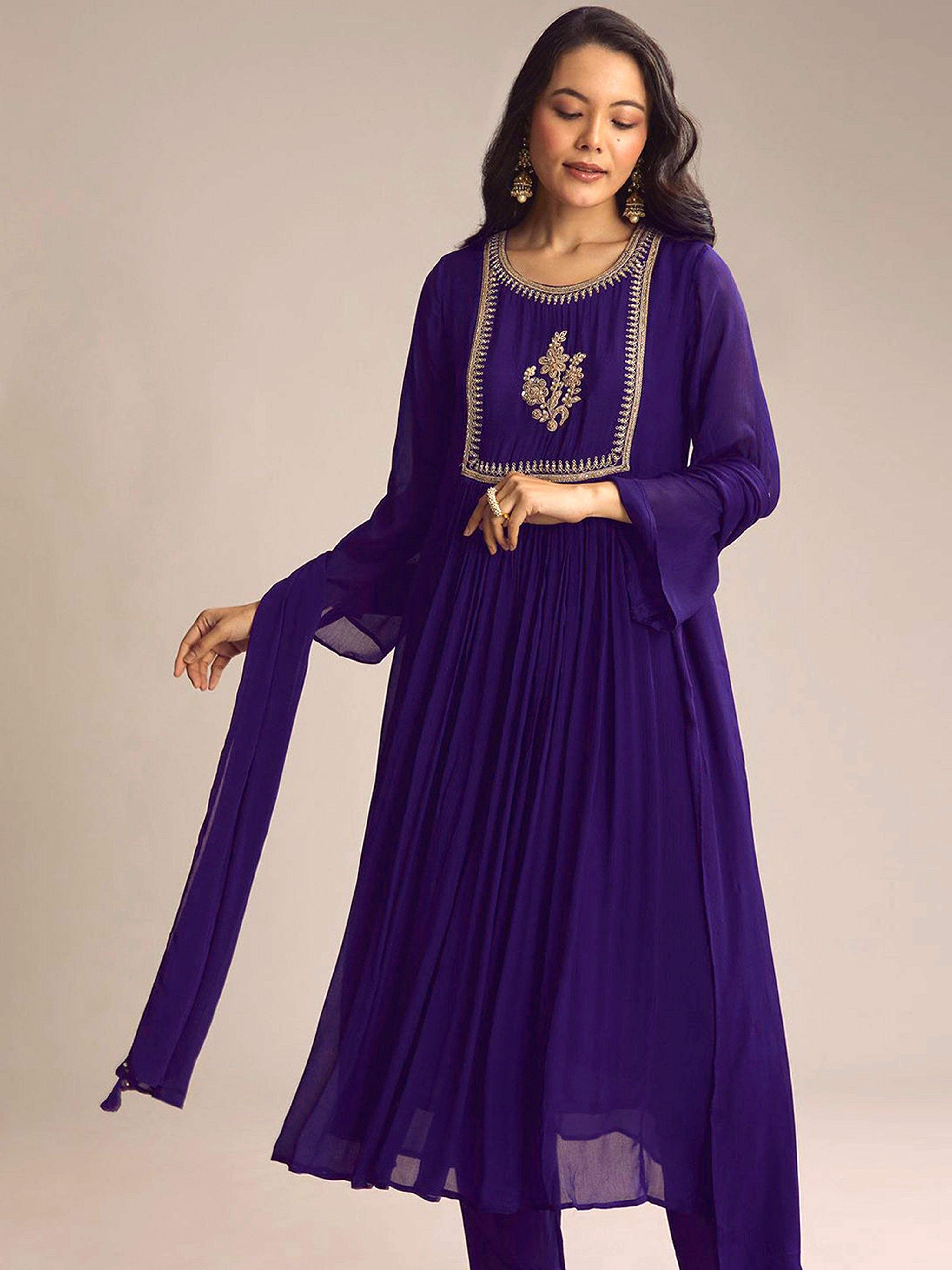 Purple Georgette Embroidery Work Kurta Pant Dupatta For Women