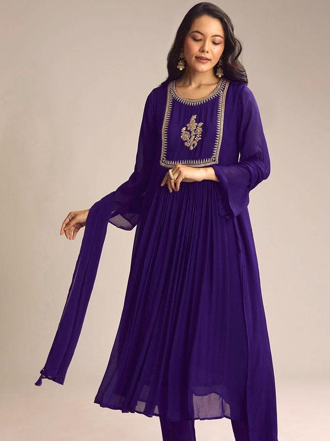 Purple Georgette Embroidery Work Kurta Pant Dupatta For Women