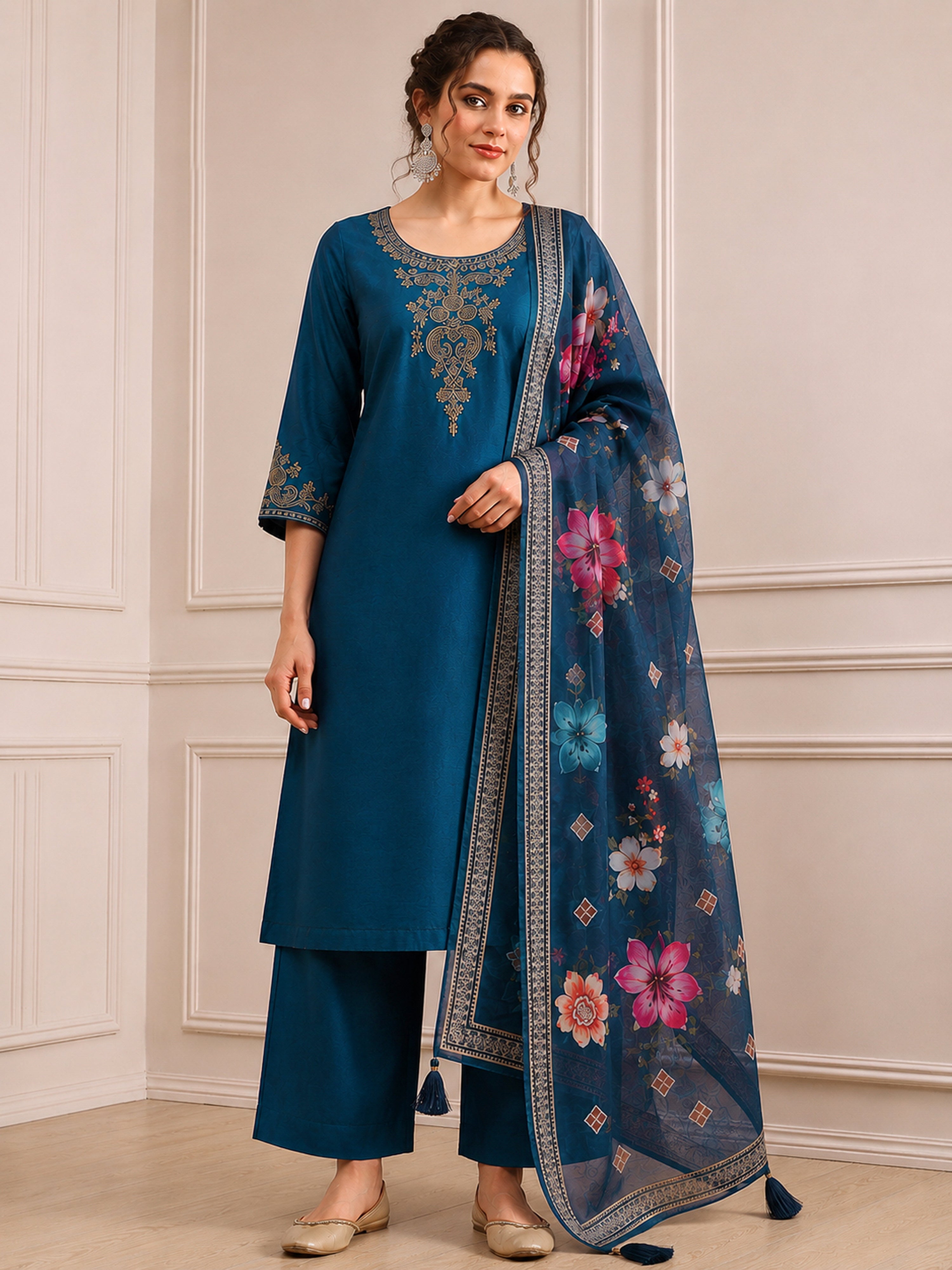 Morpeach Cotton Silk Embroidery Sequence Work Salwar Suit Dupatta