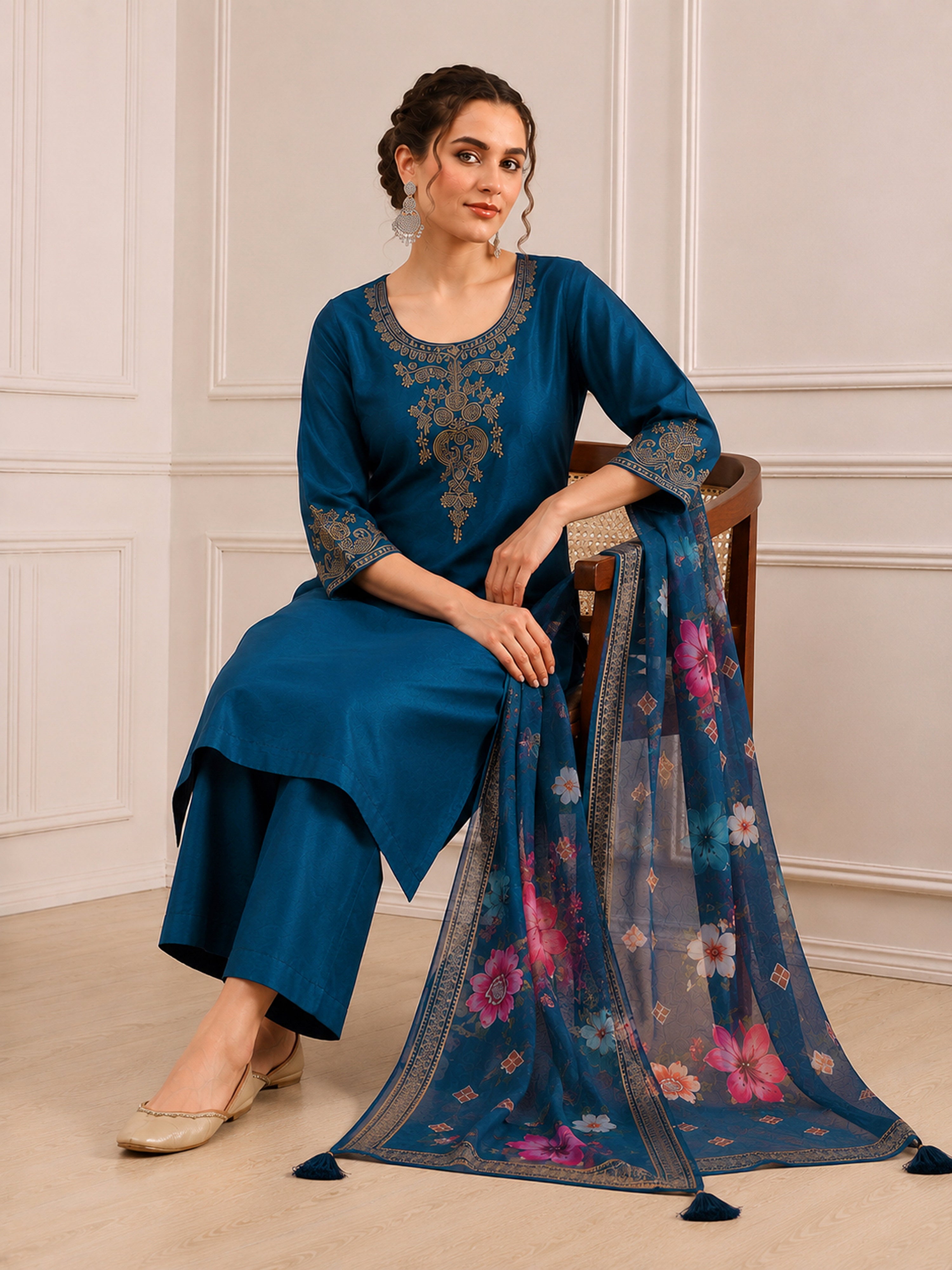 Morpeach Cotton Silk Embroidery Sequence Work Salwar Suit Dupatta