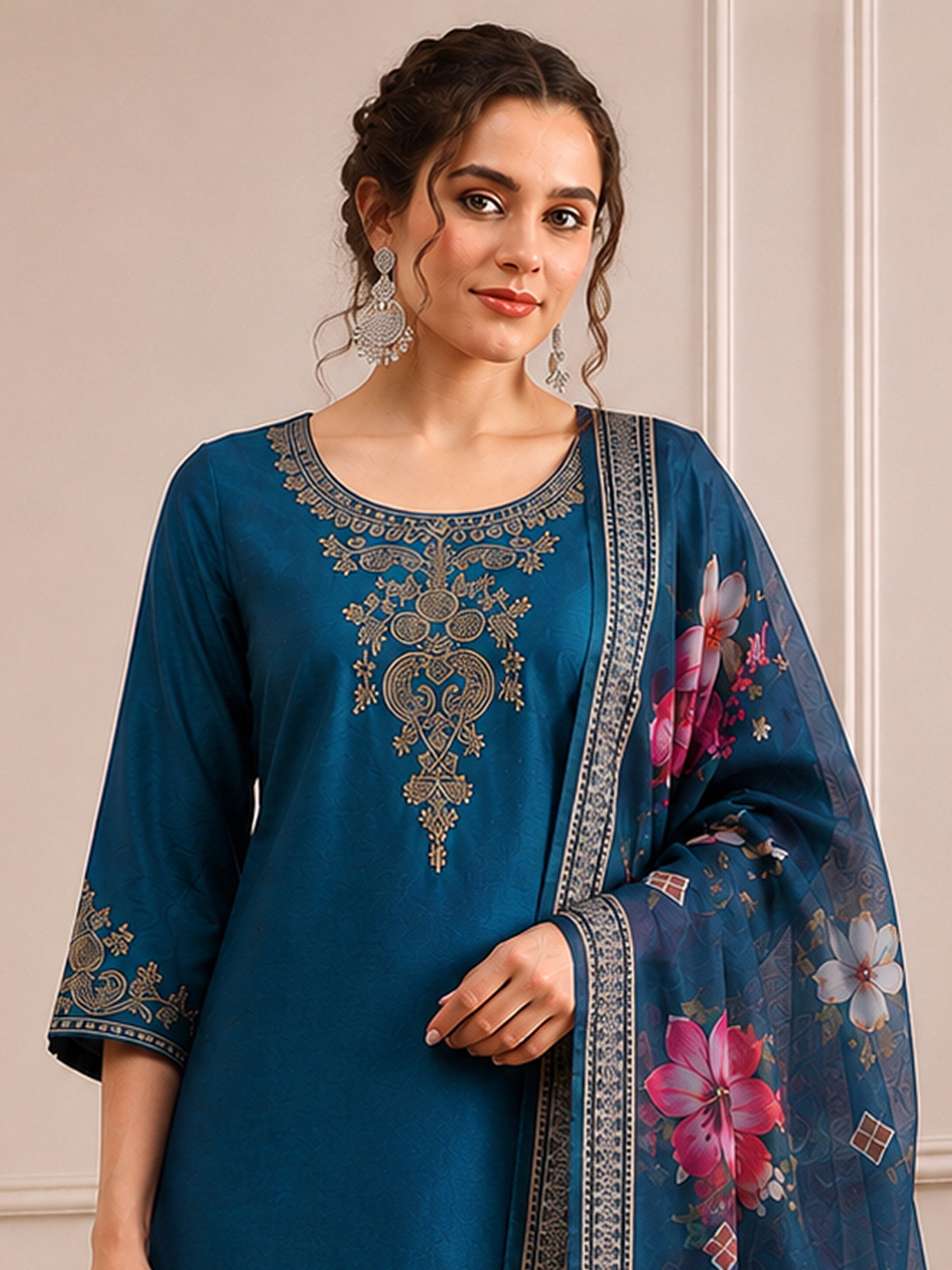 Morpeach Cotton Silk Embroidery Sequence Work Salwar Suit Dupatta