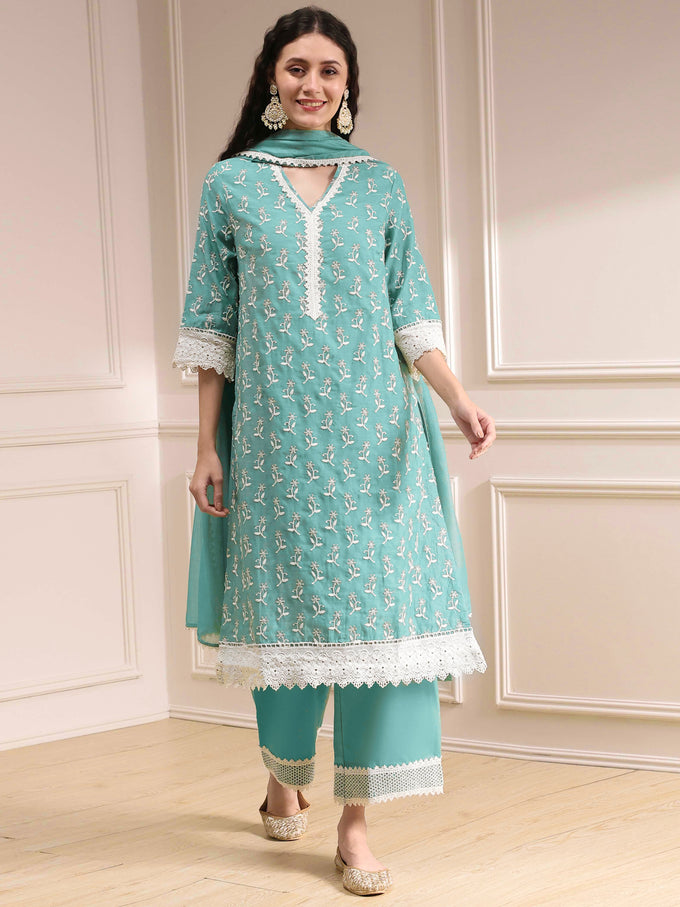 Turquoise Cotton Silk Embroidery Work Salwar Suit Dupatta