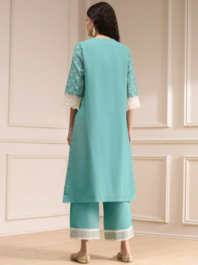 Turquoise Cotton Silk Embroidery Work Salwar Suit Dupatta