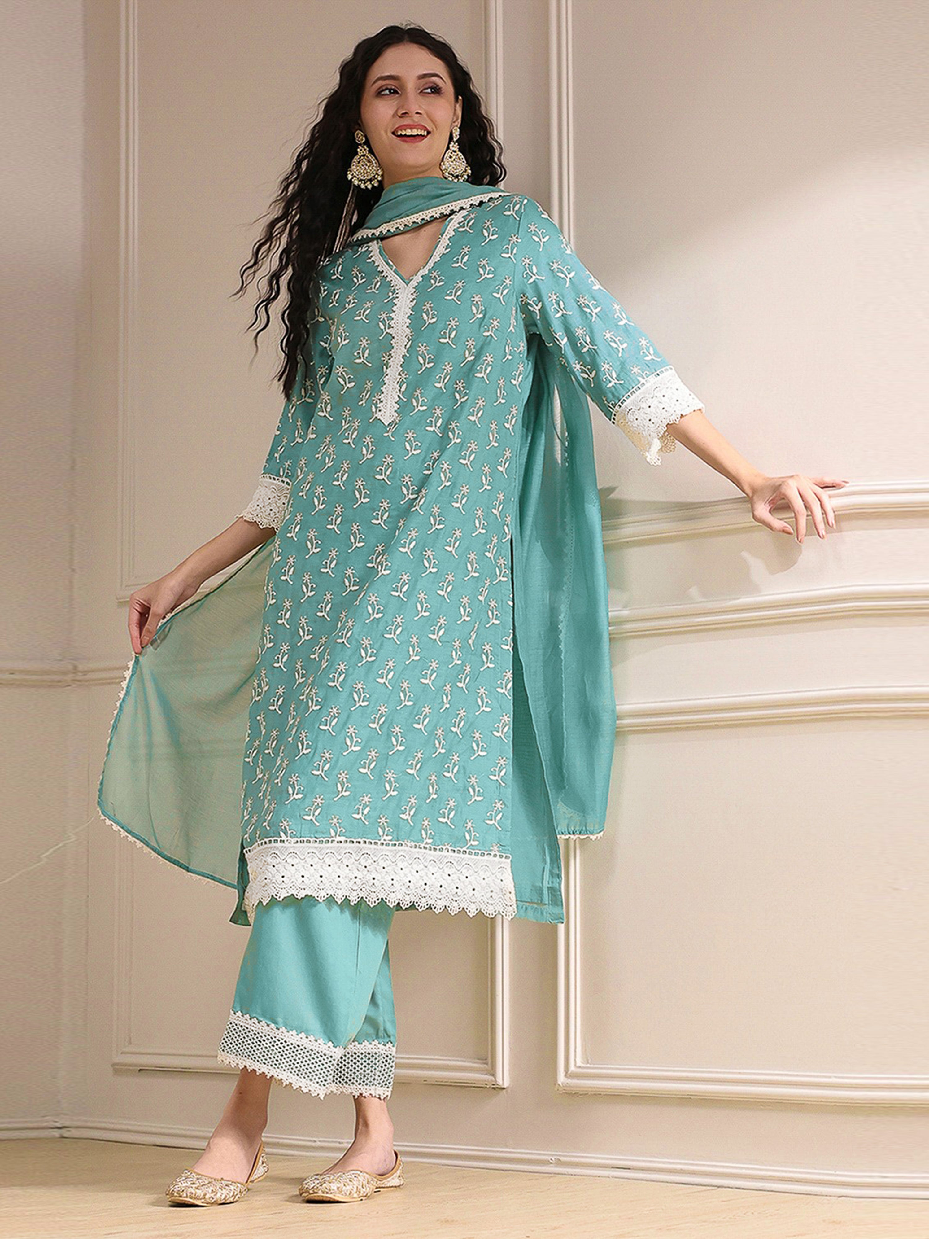 Turquoise Cotton Silk Embroidery Work Salwar Suit Dupatta