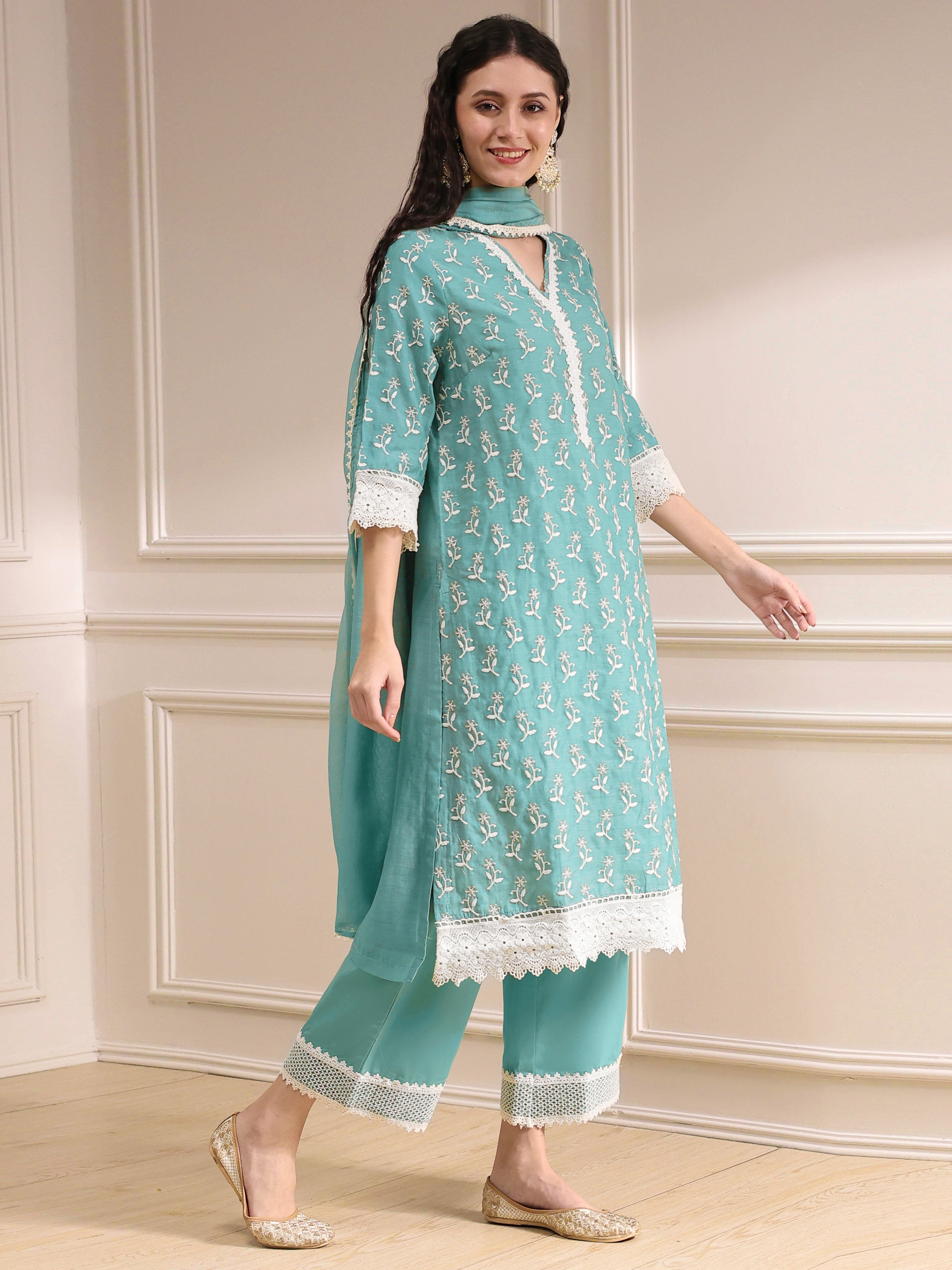 Turquoise Cotton Silk Embroidery Work Salwar Suit Dupatta