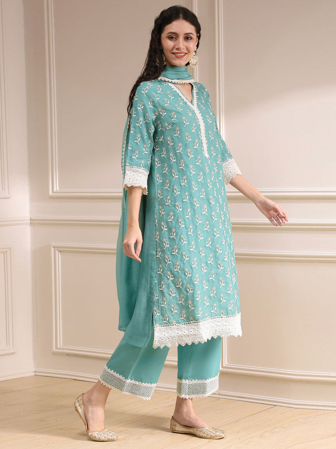 Turquoise Cotton Silk Embroidery Work Salwar Suit Dupatta