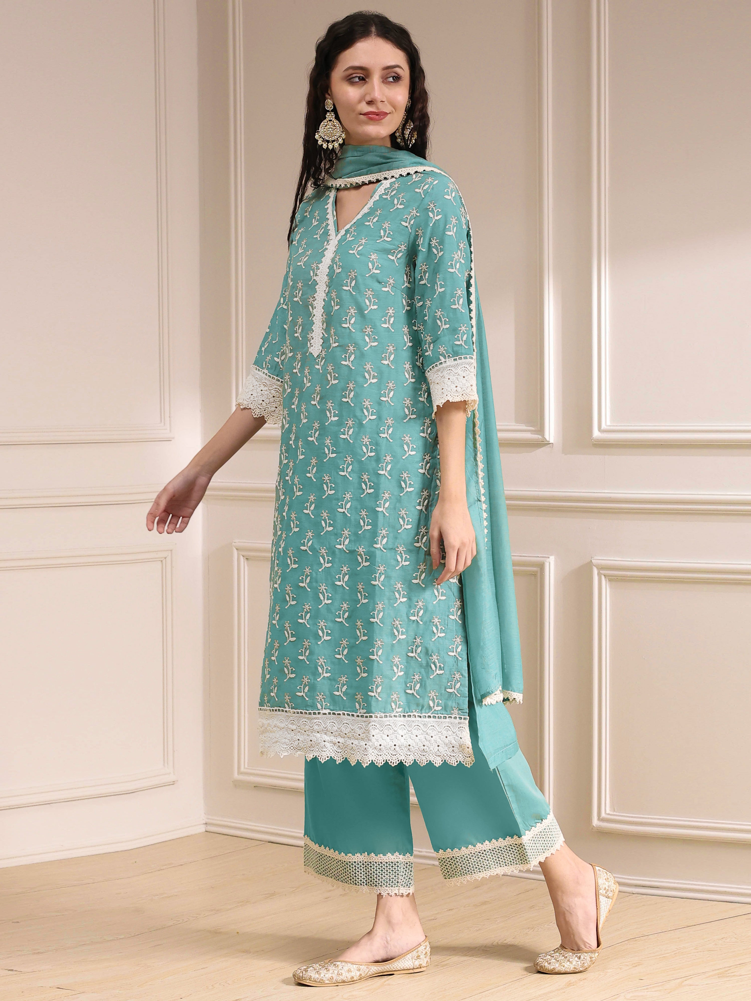 Turquoise Cotton Silk Embroidery Work Salwar Suit Dupatta